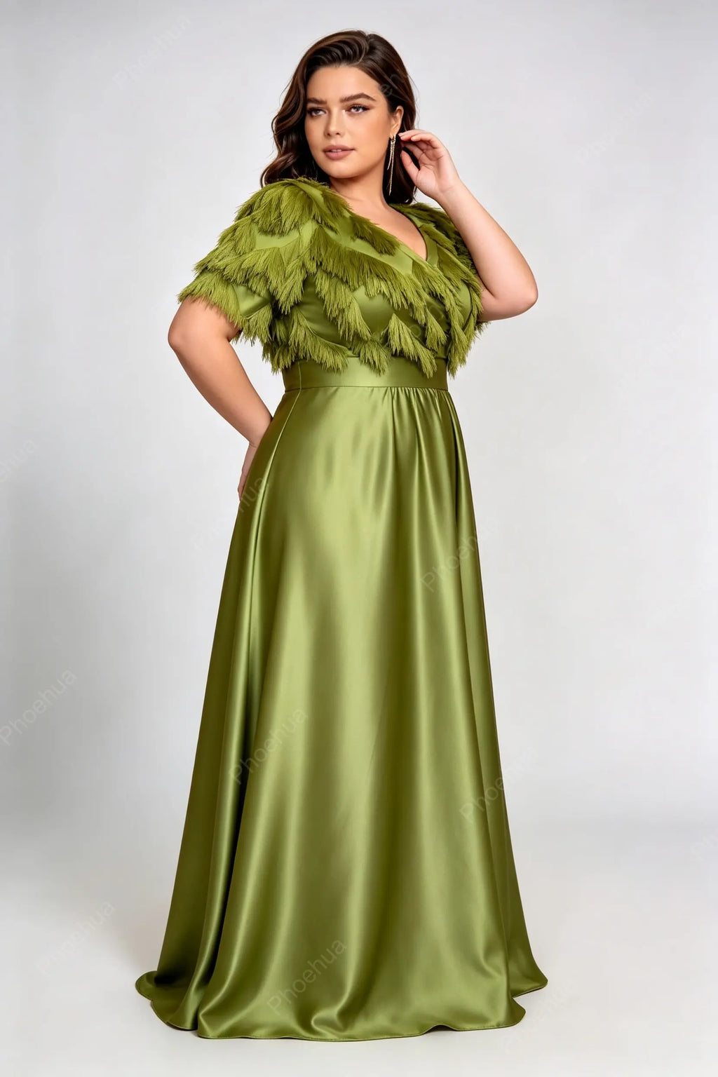 Plus Size Deep V Tassel Fringe Lantern Short Sleeve Satin A Line Maxi Formal Evening Gown