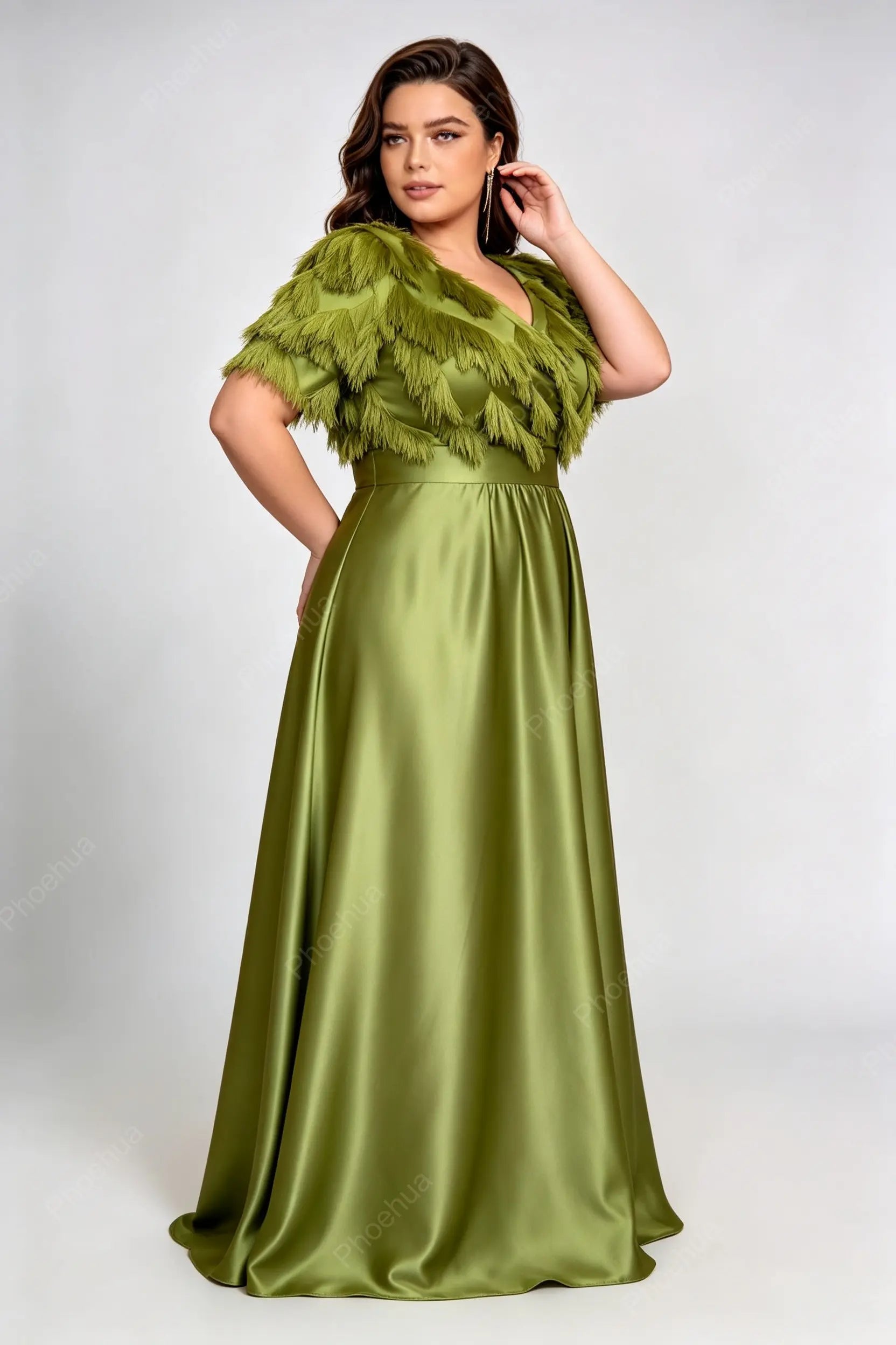 Plus Size Deep V Tassel Fringe Lantern Short Sleeve Satin A Line Maxi Formal Evening Gown
