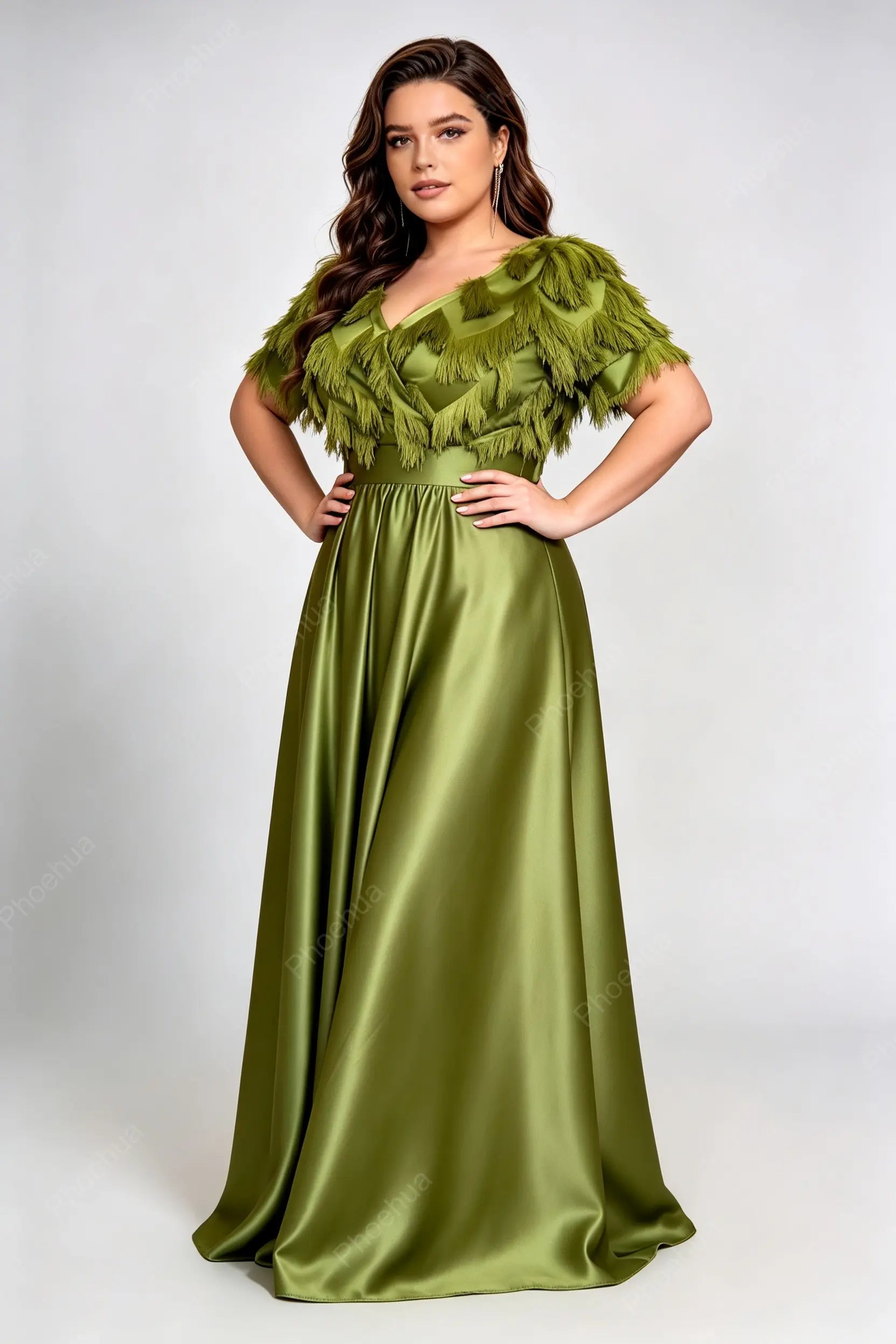 Plus Size Deep V Tassel Fringe Lantern Short Sleeve Satin A Line Maxi Formal Evening Gown