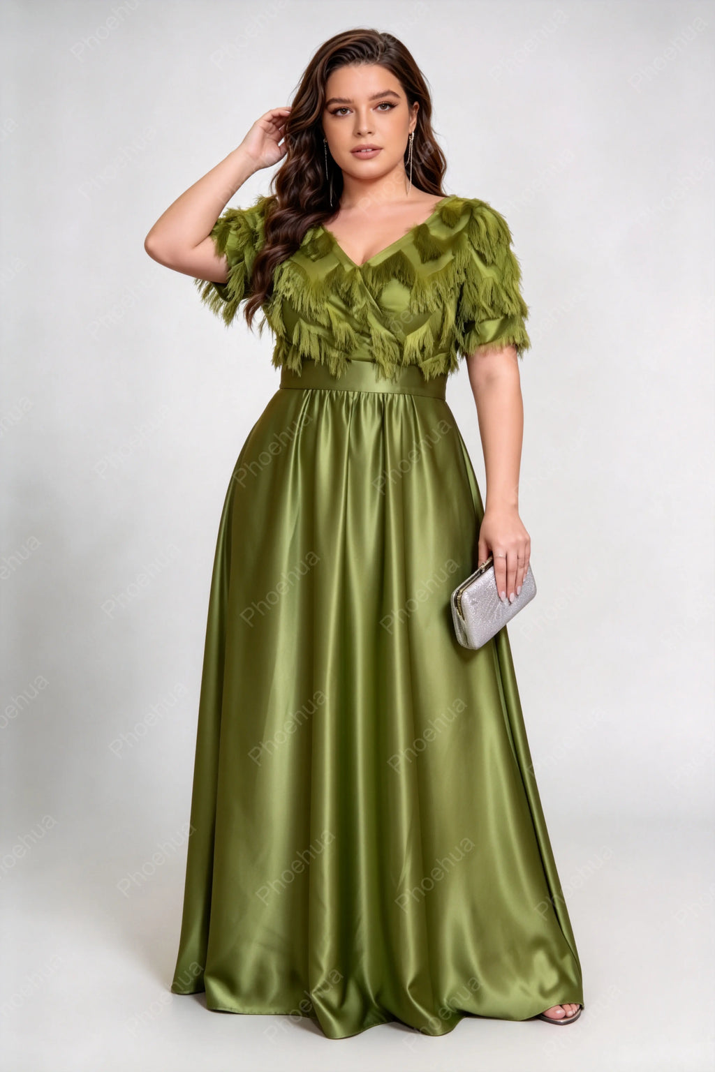 Plus Size Deep V Tassel Fringe Lantern Short Sleeve Satin A Line Maxi Formal Evening Gown