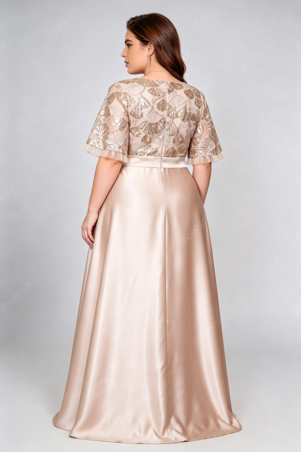 Plus Size Round Neck Bell Short Sleeve Floral Sequin Lace Satin A Line Maxi Wedding Guest Evening Gown