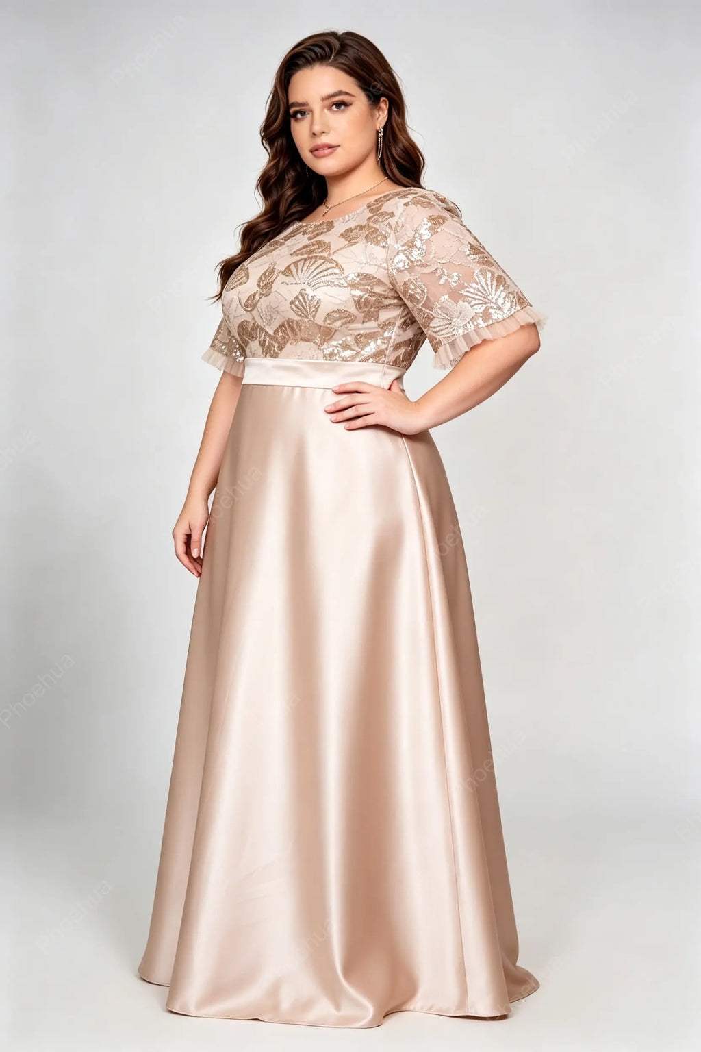 Plus Size Round Neck Bell Short Sleeve Floral Sequin Lace Satin A Line Maxi Wedding Guest Evening Gown