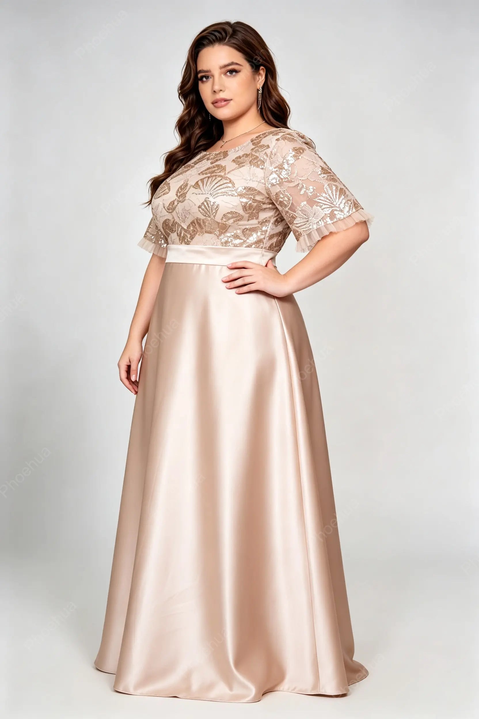 Plus Size Round Neck Bell Short Sleeve Floral Sequin Lace Satin A Line Maxi Wedding Guest Evening Gown