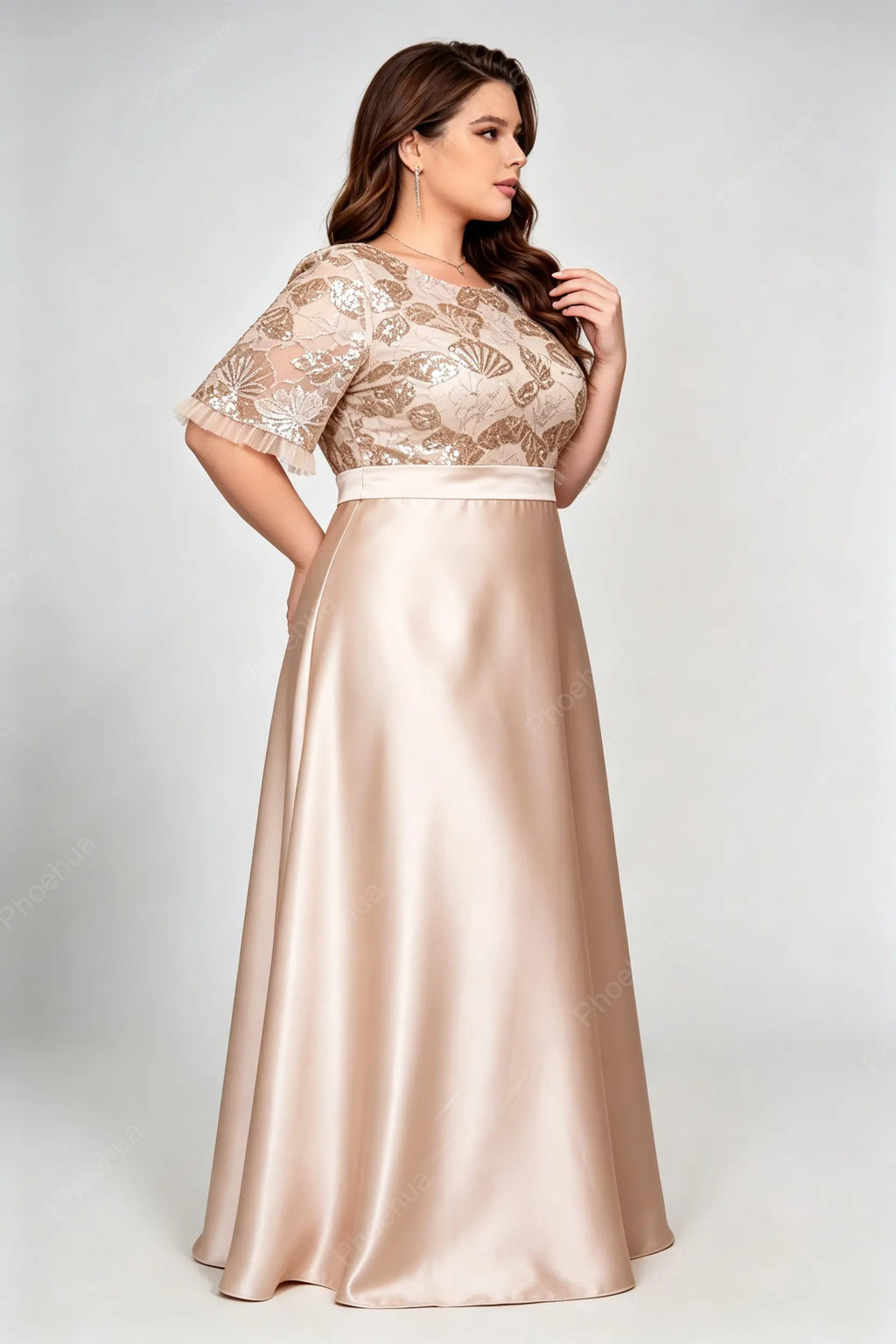 Plus Size Round Neck Bell Short Sleeve Floral Sequin Lace Satin A Line Maxi Wedding Guest Evening Gown