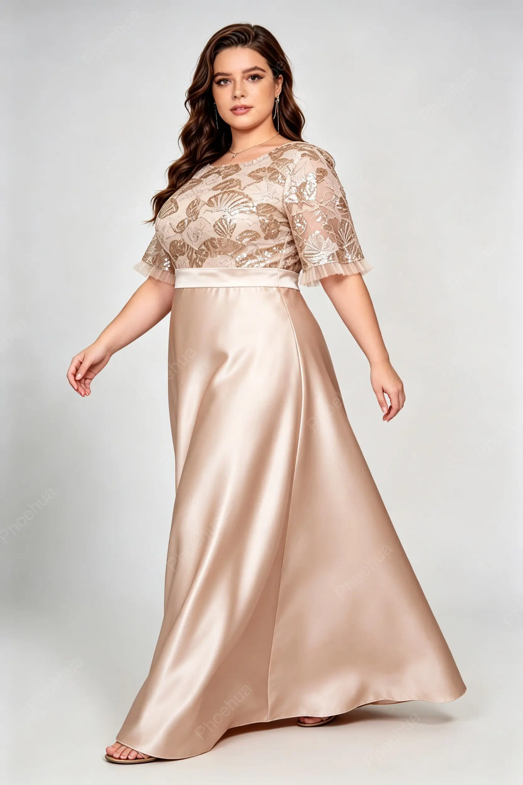 Plus Size Round Neck Bell Short Sleeve Floral Sequin Lace Satin A Line Maxi Wedding Guest Evening Gown