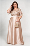 Plus Size Round Neck Bell Short Sleeve Floral Sequin Lace Satin A Line Maxi Wedding Guest Evening Gown