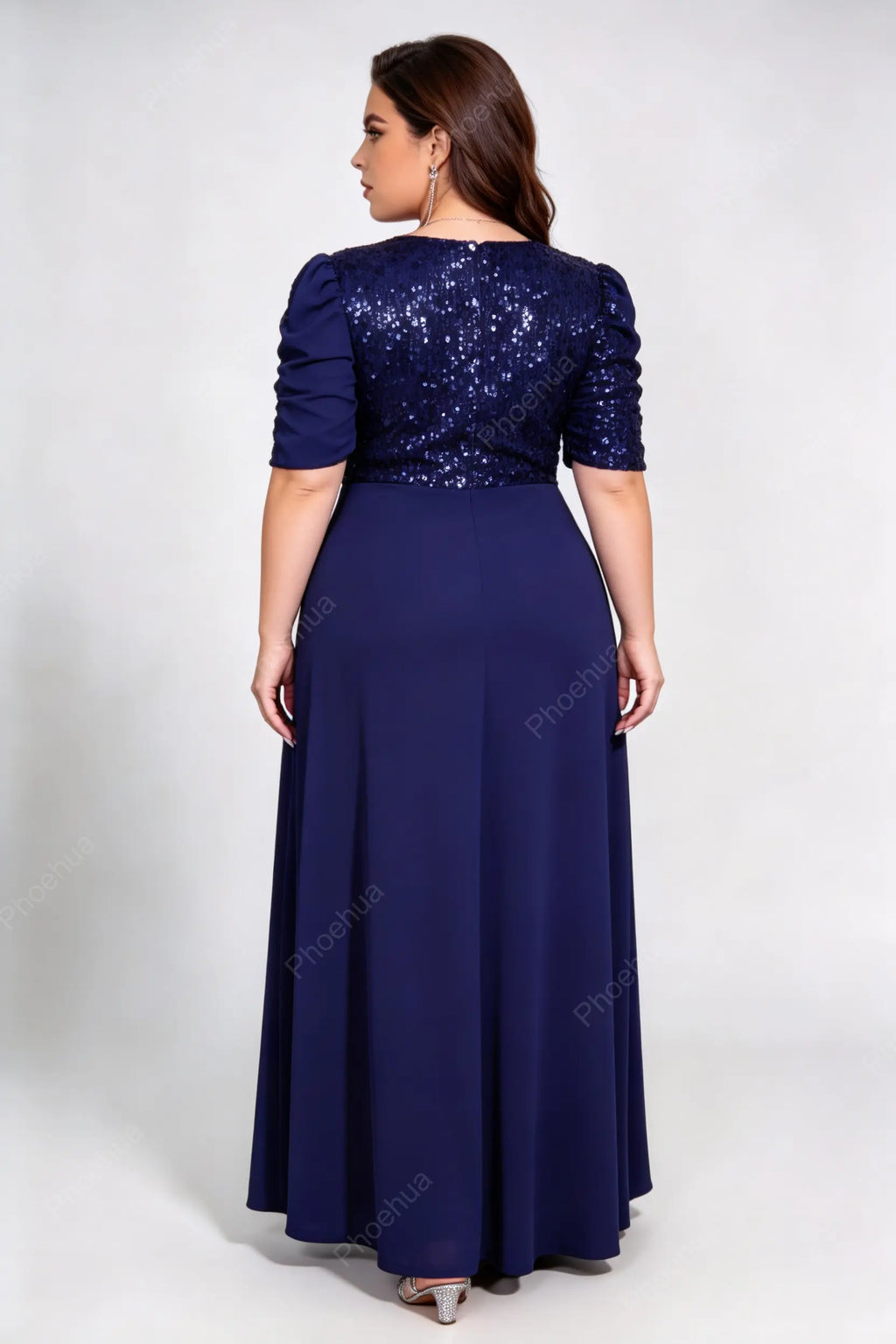 Plus Size Deep V Wrap Ruched Puff Short Sleeve Sequins Back Knit A Line Maxi Party Evening Gown