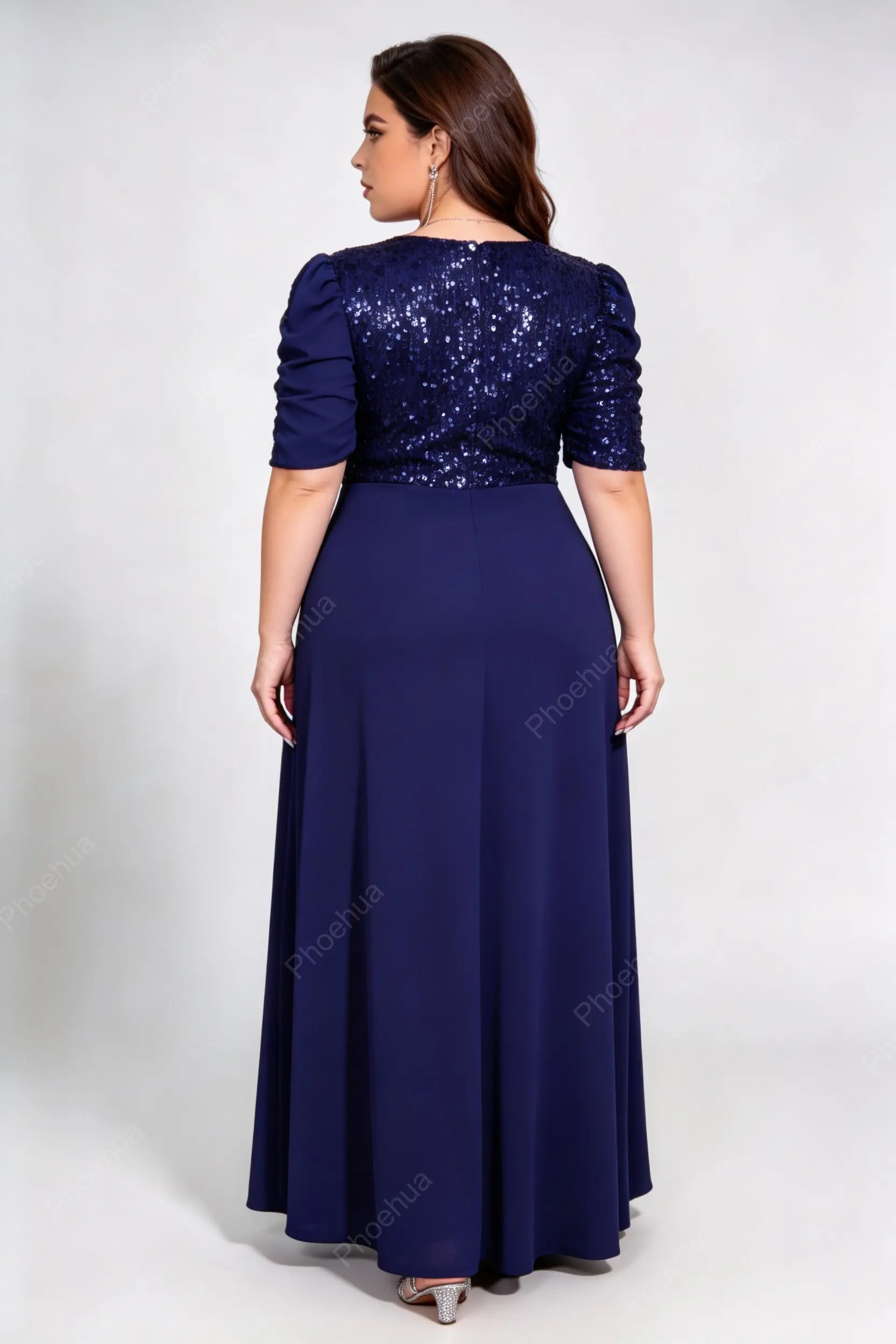 Plus Size Deep V Wrap Ruched Puff Short Sleeve Sequins Back Knit A Line Maxi Party Evening Gown