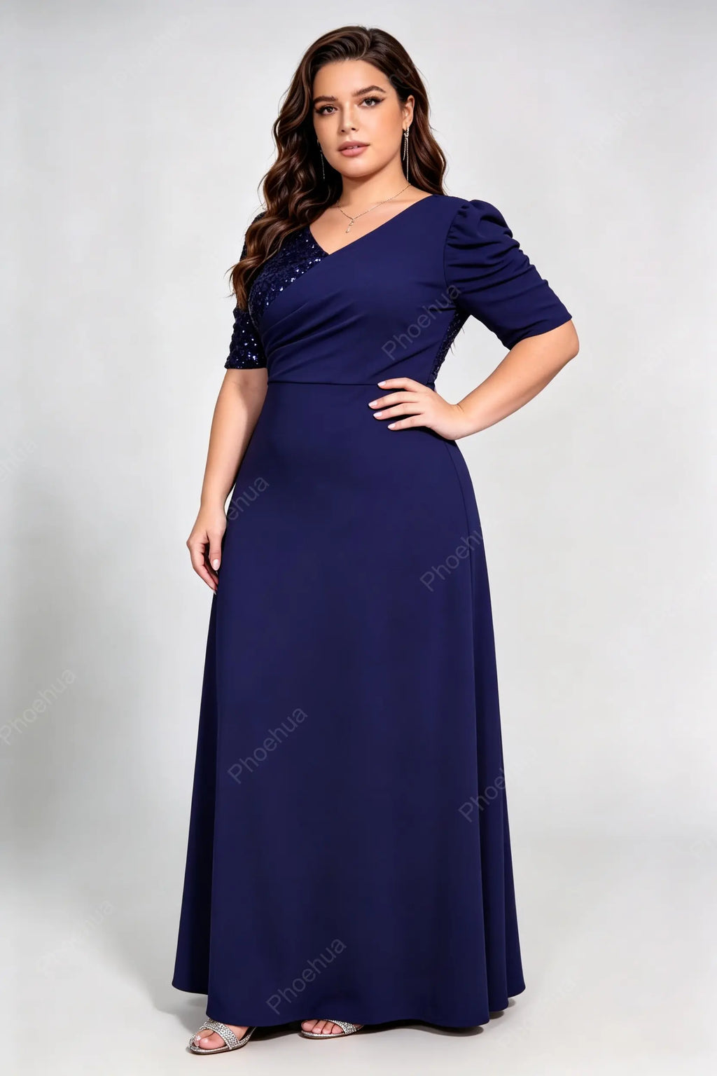 Plus Size Deep V Wrap Ruched Puff Short Sleeve Sequins Back Knit A Line Maxi Party Evening Gown