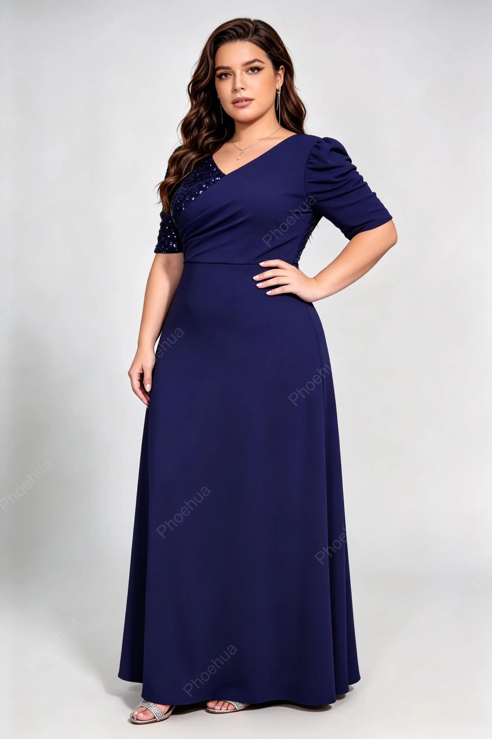 Plus Size Deep V Wrap Ruched Puff Short Sleeve Sequins Back Knit A Line Maxi Party Evening Gown