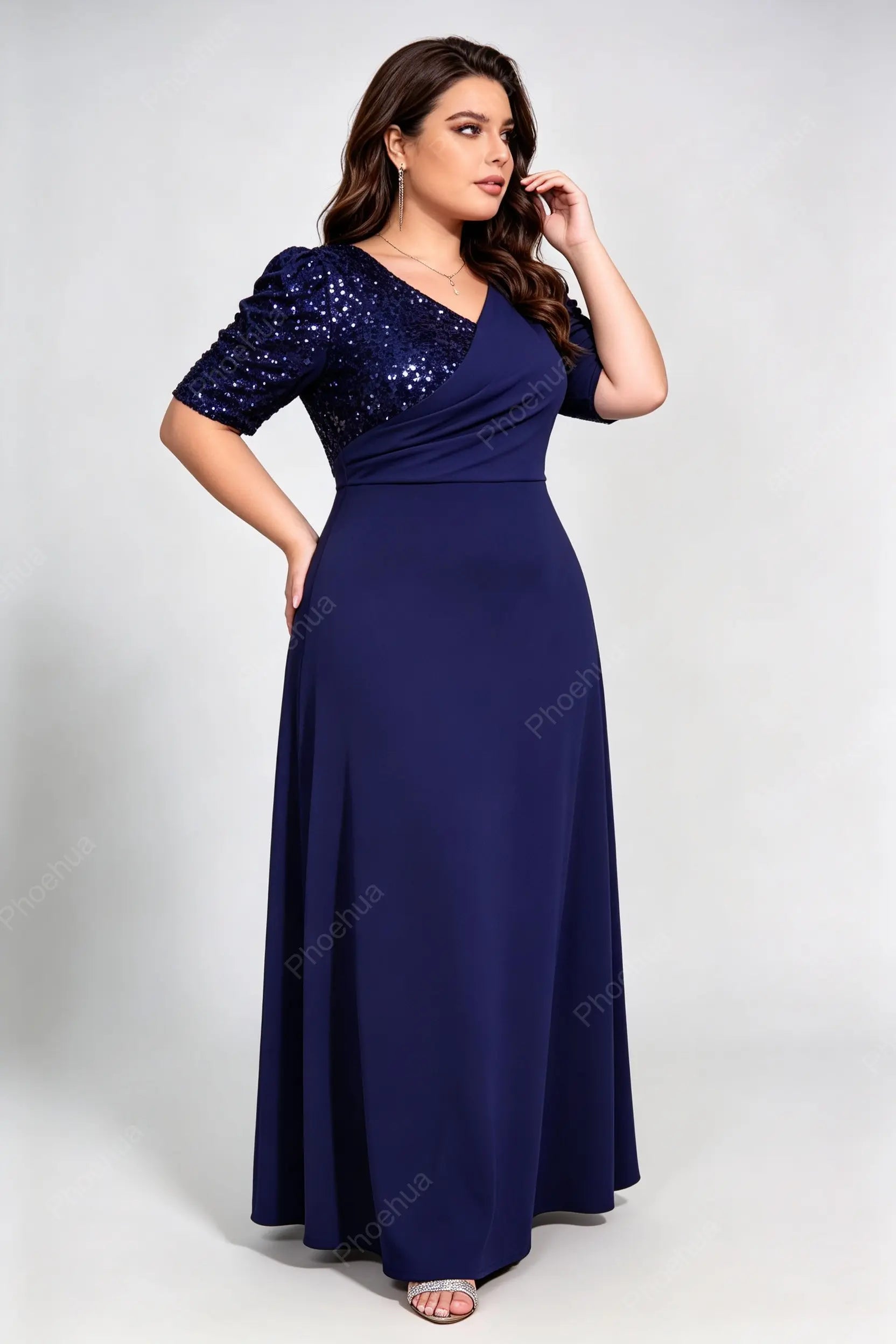 Plus Size Deep V Wrap Ruched Puff Short Sleeve Sequins Back Knit A Line Maxi Party Evening Gown