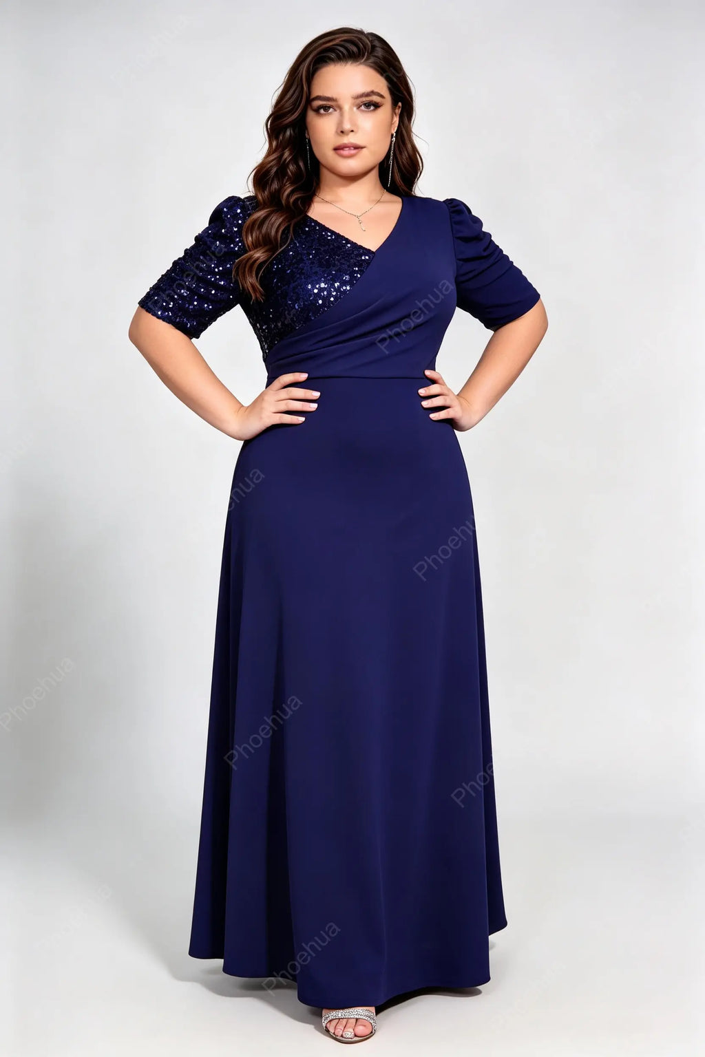 Plus Size Deep V Wrap Ruched Puff Short Sleeve Sequins Back Knit A Line Maxi Party Evening Gown