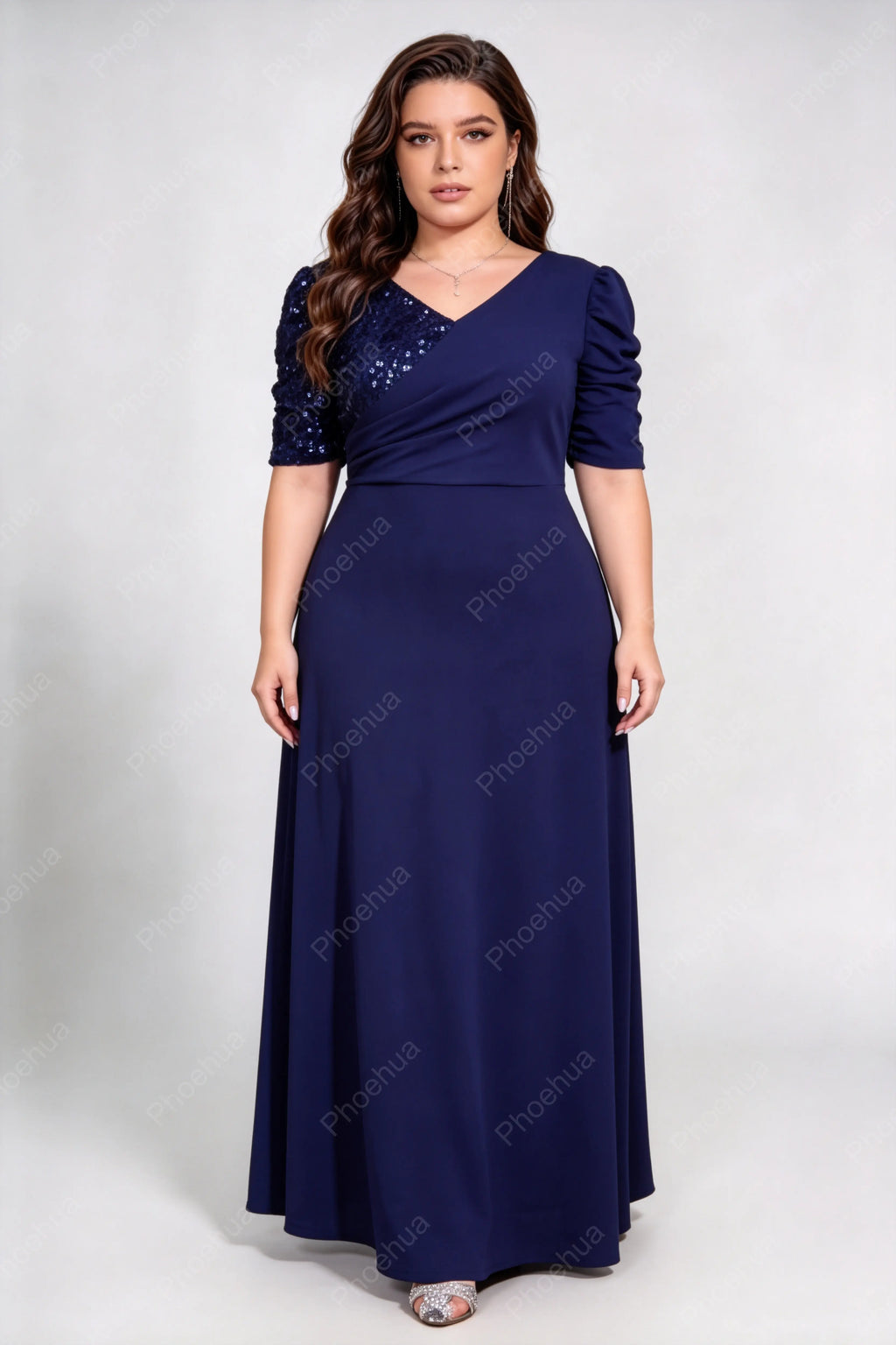 Plus Size Deep V Wrap Ruched Puff Short Sleeve Sequins Back Knit A Line Maxi Party Evening Gown