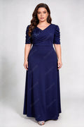 Plus Size Deep V Wrap Ruched Puff Short Sleeve Sequins Back Knit A Line Maxi Party Evening Gown