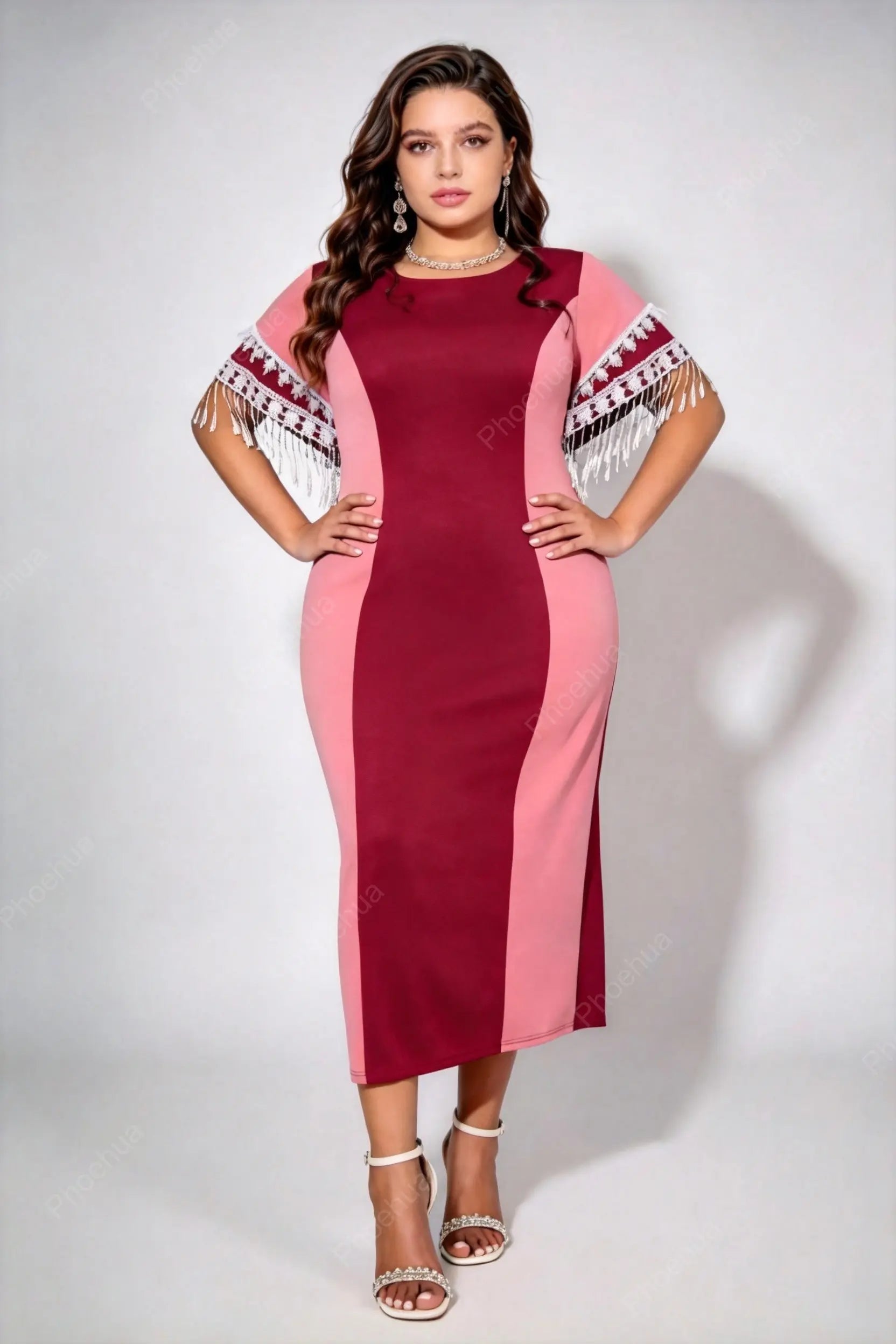 Plus Size Round Neck Color Block Tassel Short Sleeve Bodycon Midi Cocktail Dress