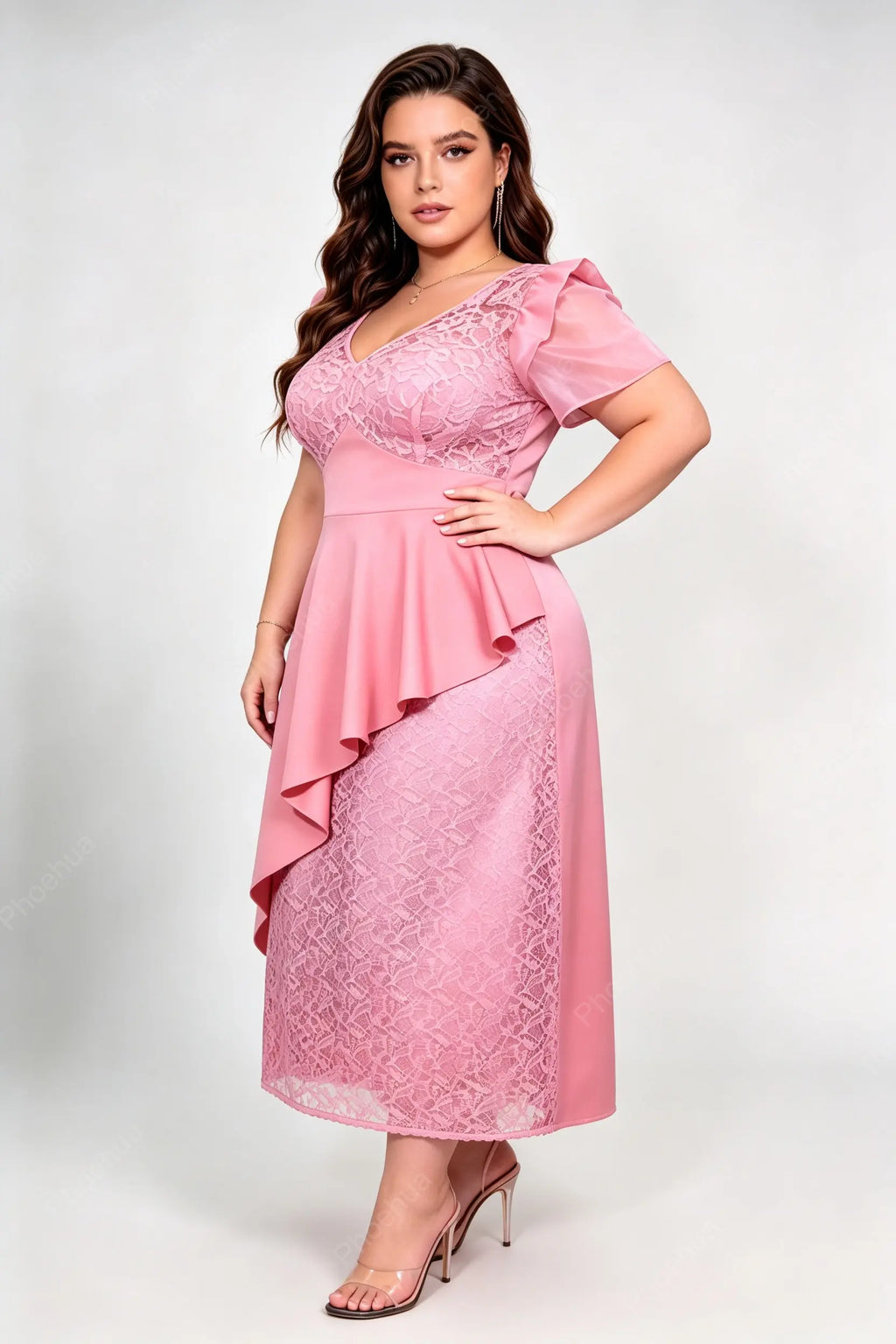 Plus Size Deep V Ruffle Sleeve Lace Asymmetrical Peplum Midi Formal Dress