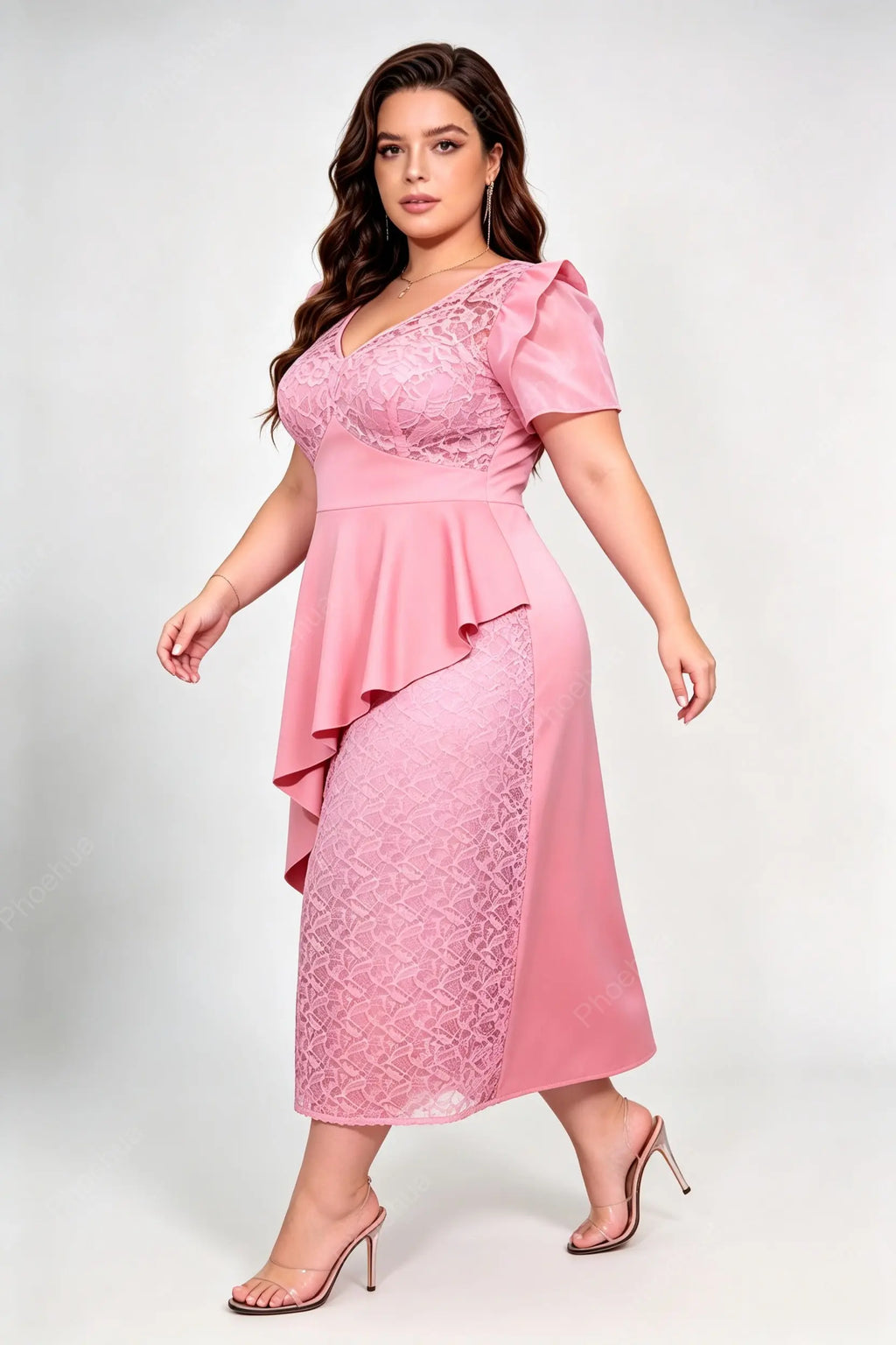 Plus Size Deep V Ruffle Sleeve Lace Asymmetrical Peplum Midi Formal Dress