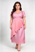 Plus Size Deep V Ruffle Sleeve Lace Asymmetrical Peplum Midi Formal Dress