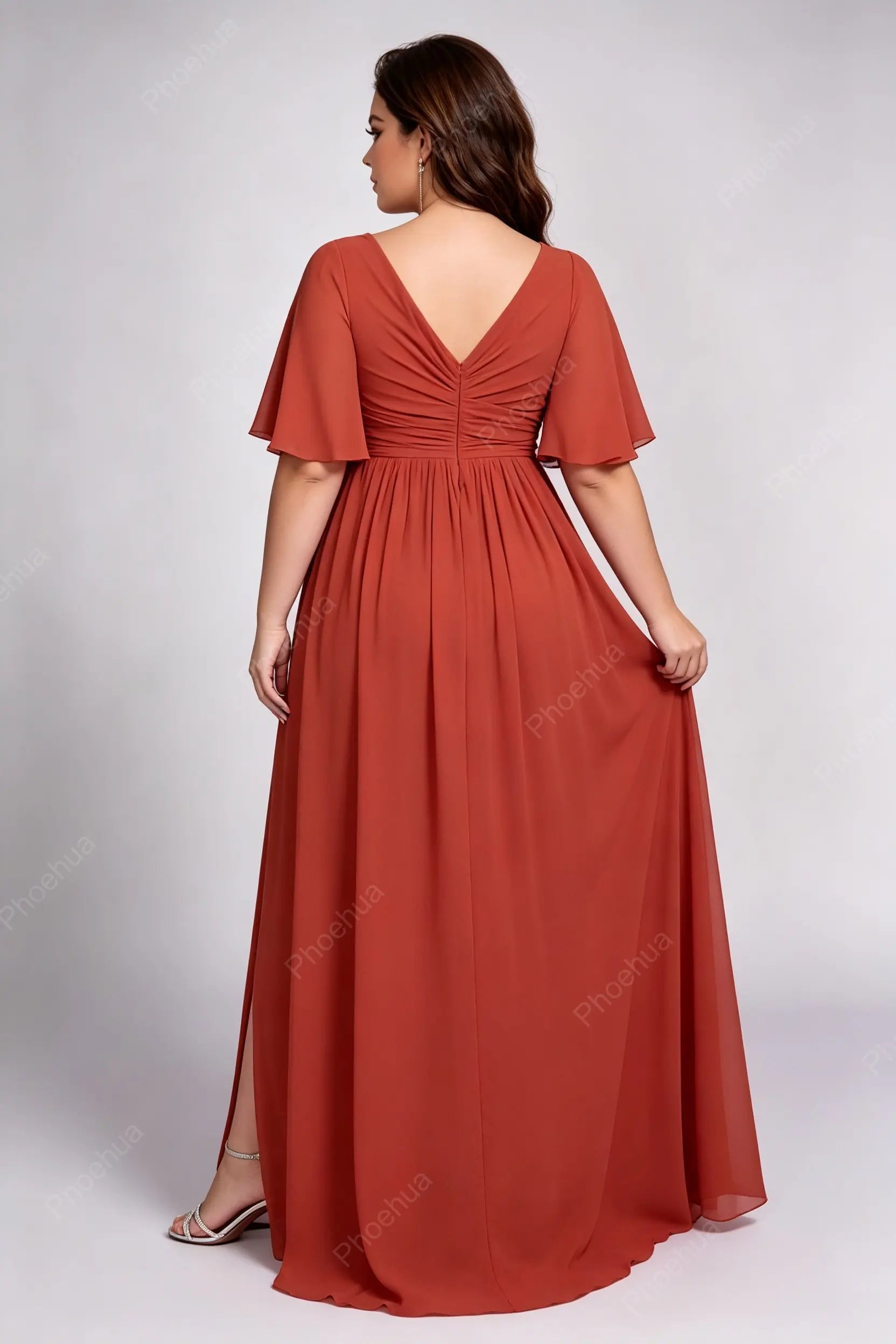 Plus Size Round Cross Wrap Flutter Short Sleeve Chiffon A Line Slit Maxi Bridesmaid Dress