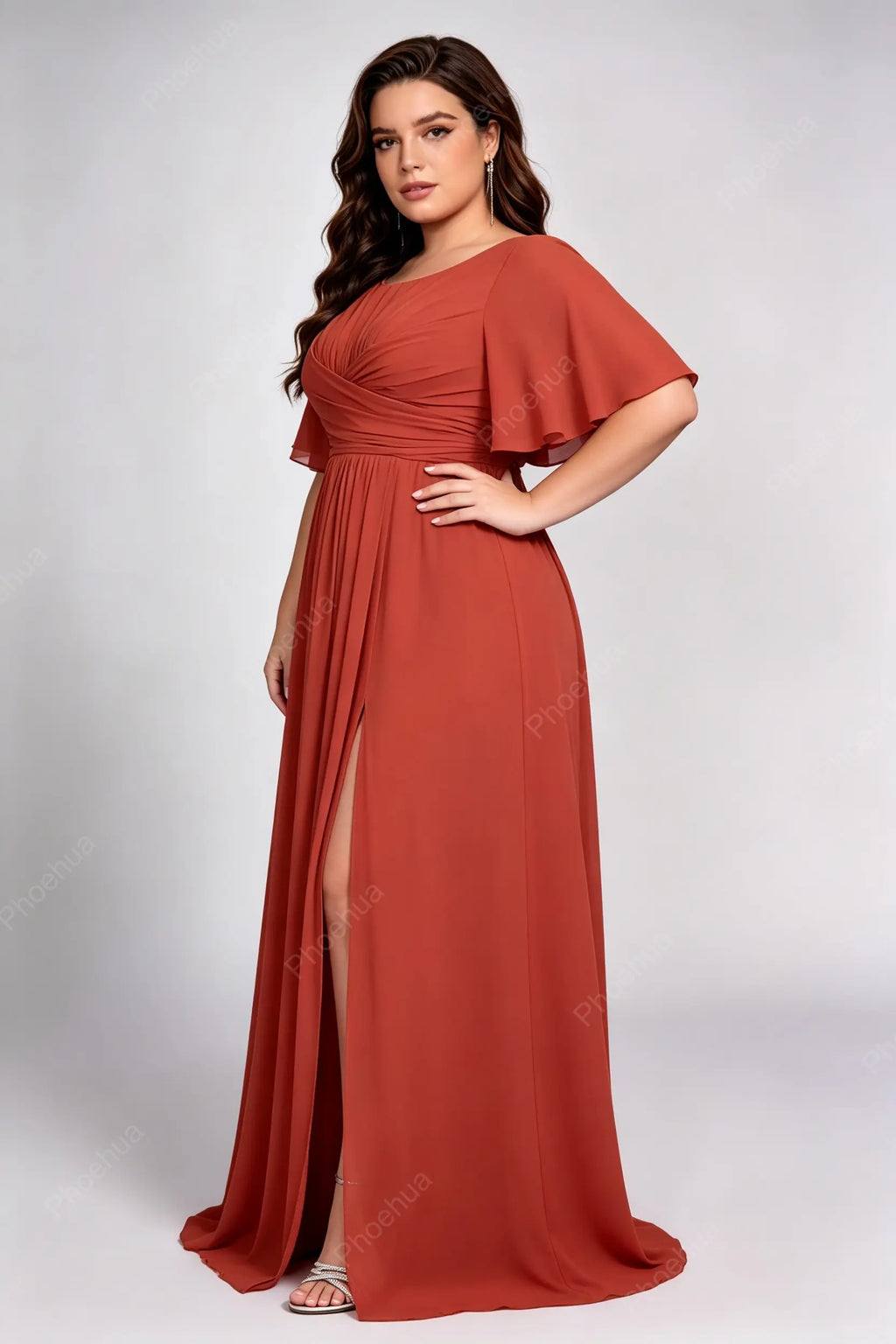 Plus Size Round Cross Wrap Flutter Short Sleeve Chiffon A Line Slit Maxi Bridesmaid Dress
