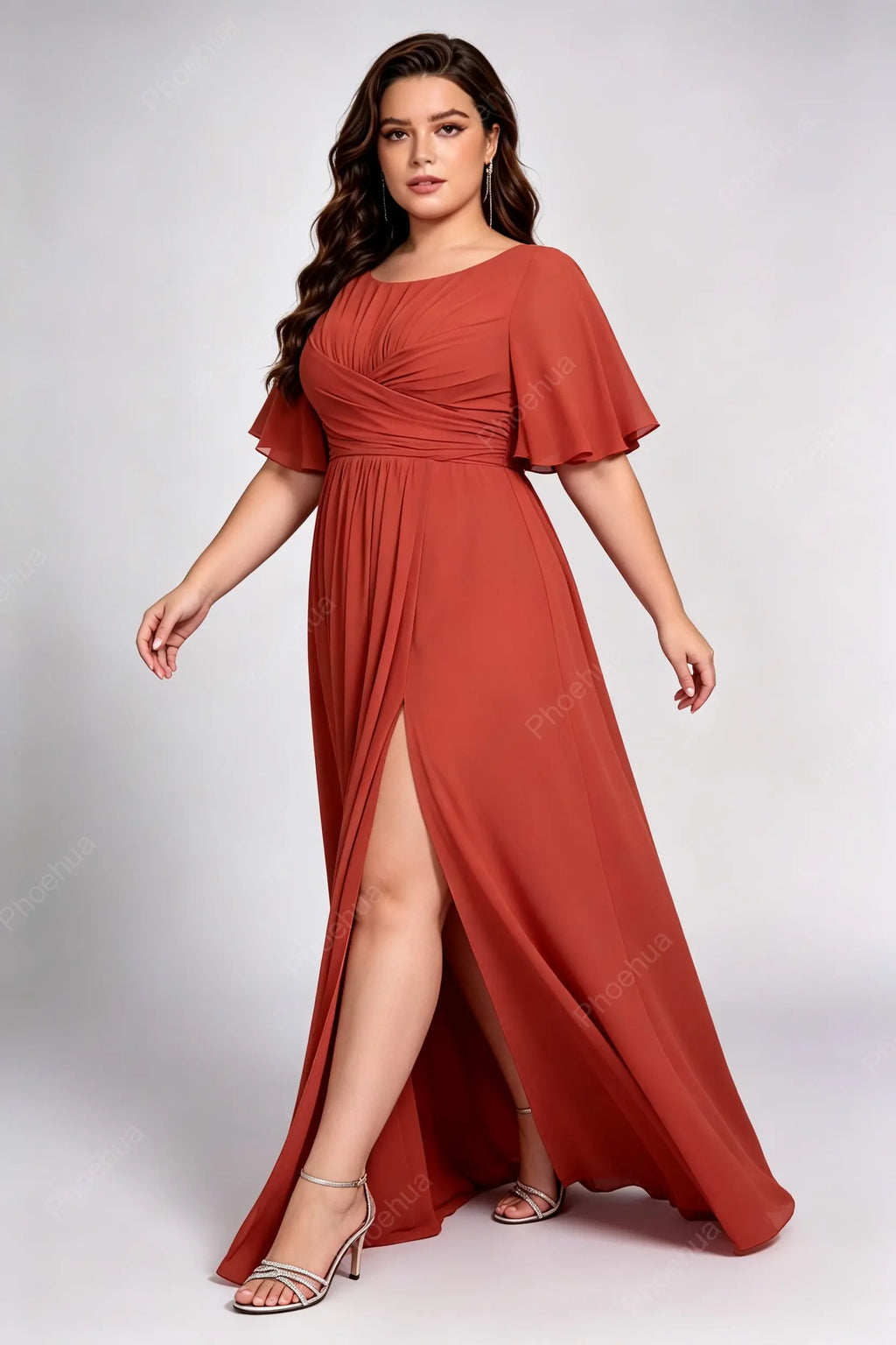 Plus Size Round Cross Wrap Flutter Short Sleeve Chiffon A Line Slit Maxi Bridesmaid Dress