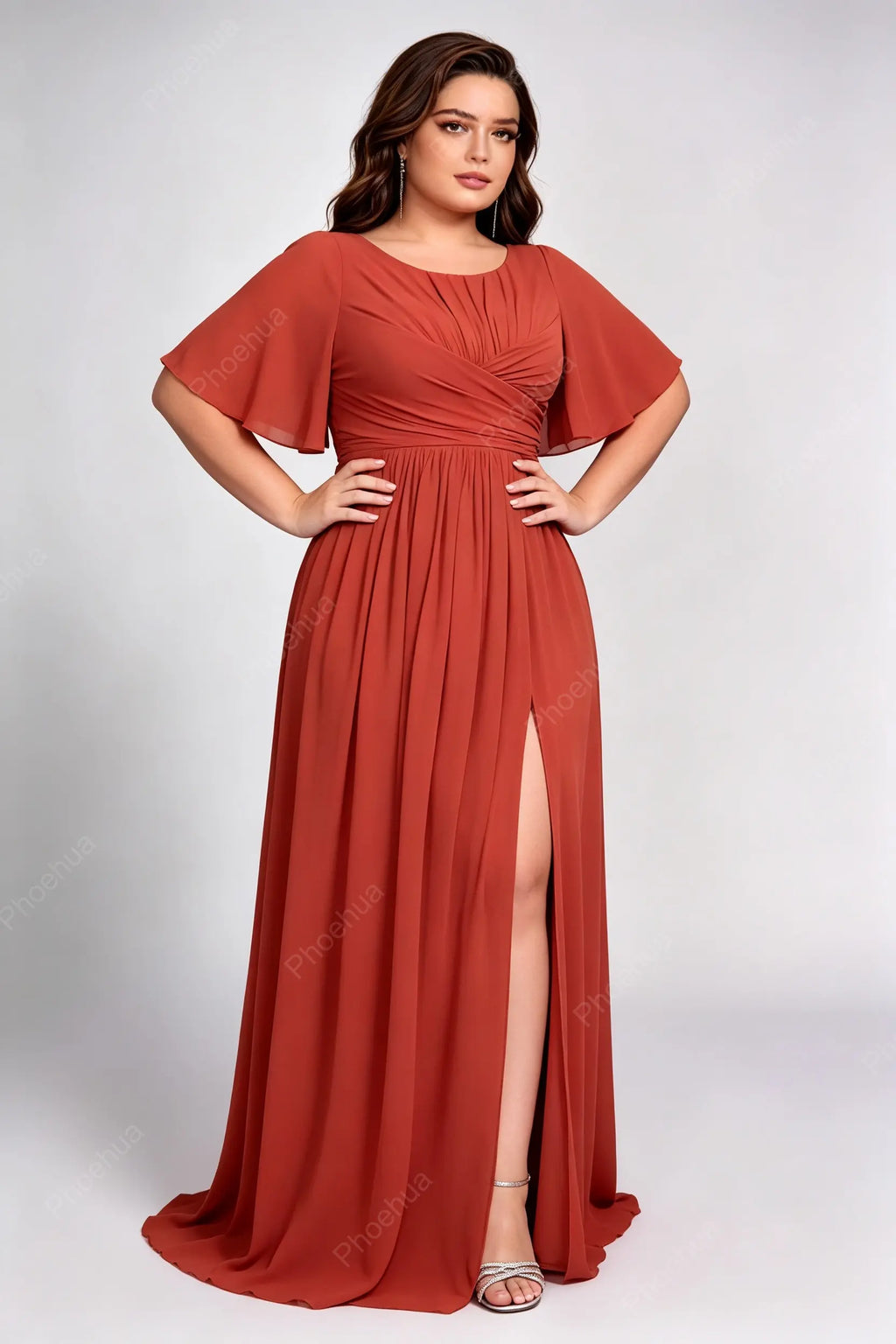 Plus Size Round Cross Wrap Flutter Short Sleeve Chiffon A Line Slit Maxi Bridesmaid Dress