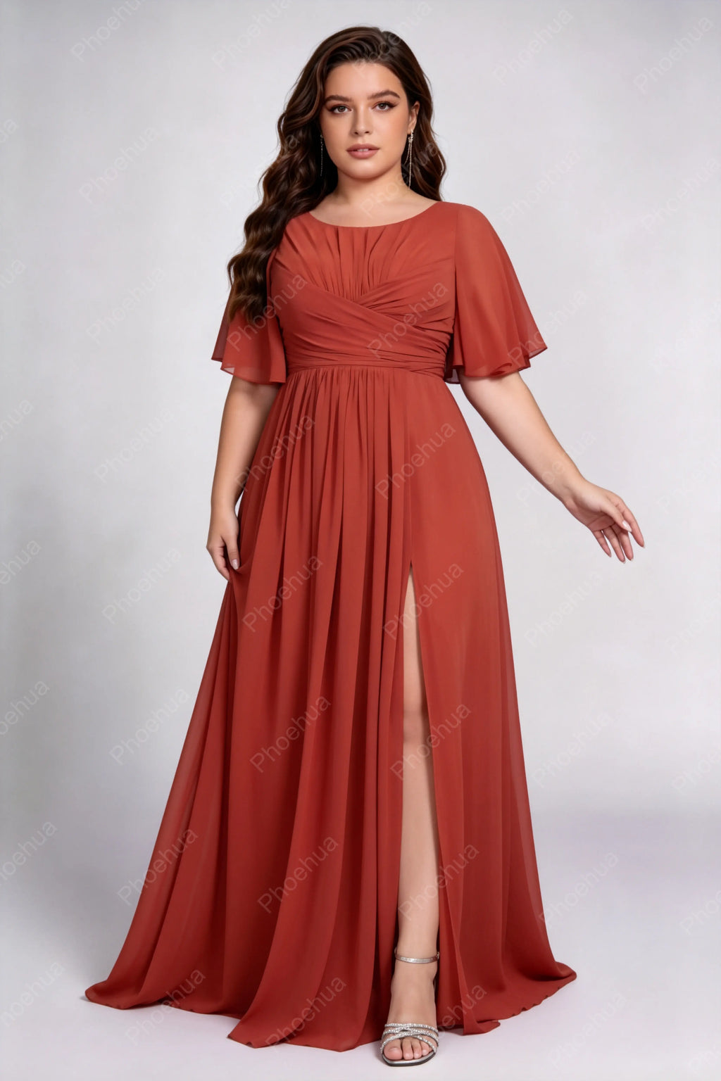 Plus Size Round Cross Wrap Flutter Short Sleeve Chiffon A Line Slit Maxi Bridesmaid Dress