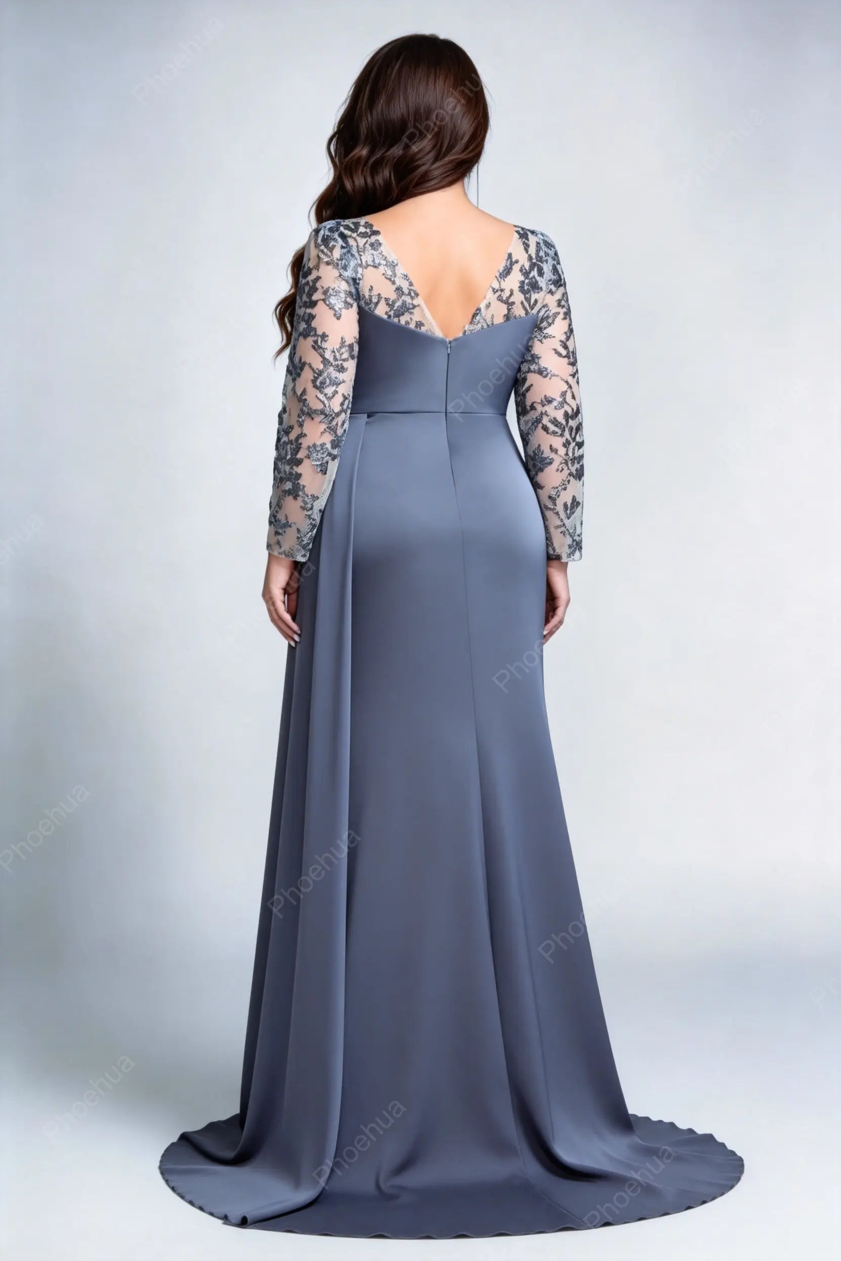 Plus Size Round Neck Lace Long Sleeve Wrap Ruched Satin High Slit Train Maxi Evening Gown
