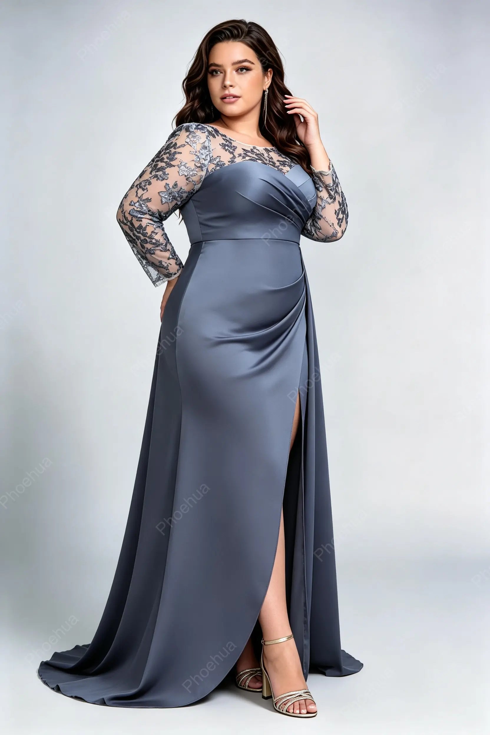Plus Size Round Neck Lace Long Sleeve Wrap Ruched Satin High Slit Train Maxi Evening Gown