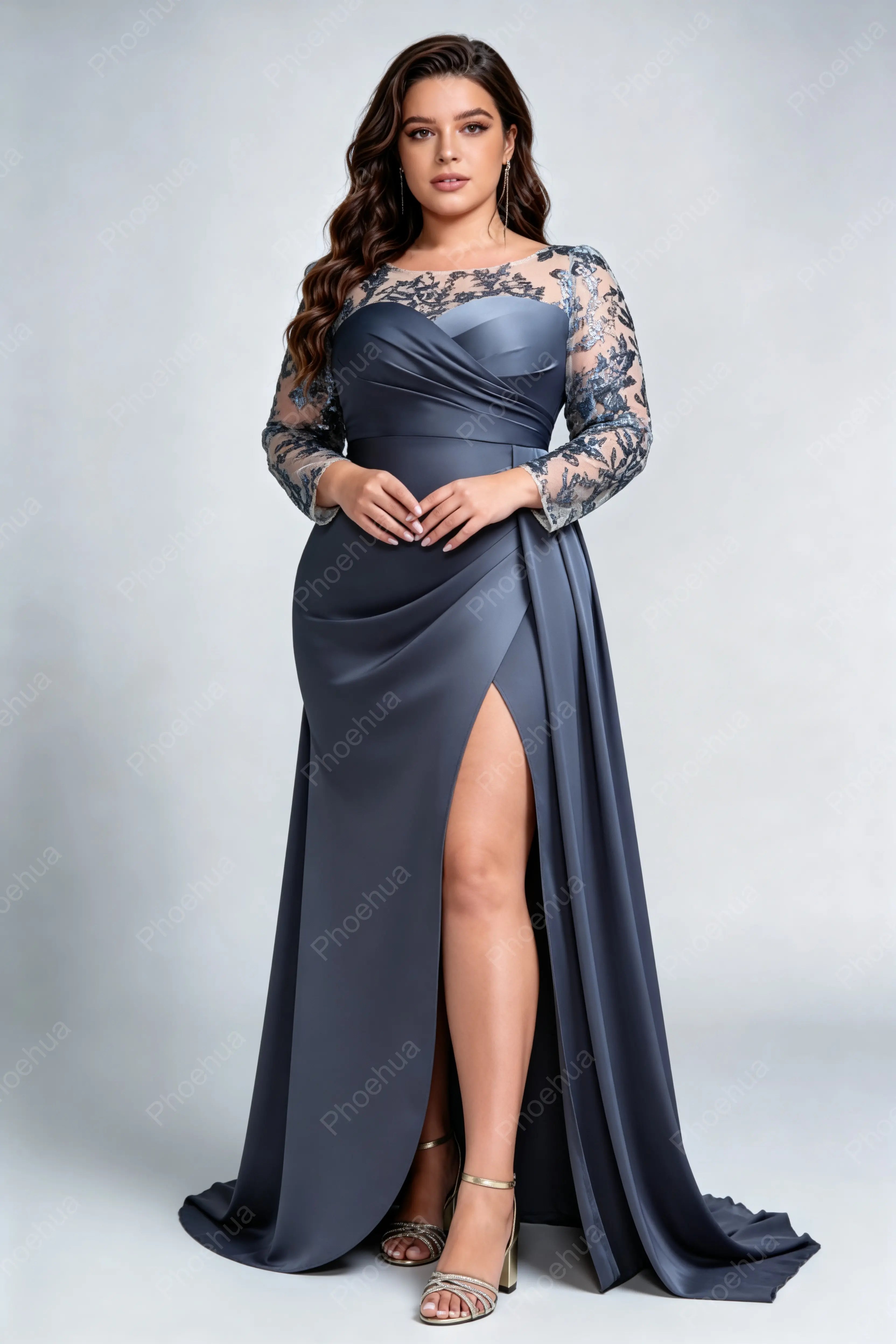 Plus Size Round Neck Lace Long Sleeve Wrap Ruched Satin High Slit Train Maxi Evening Gown