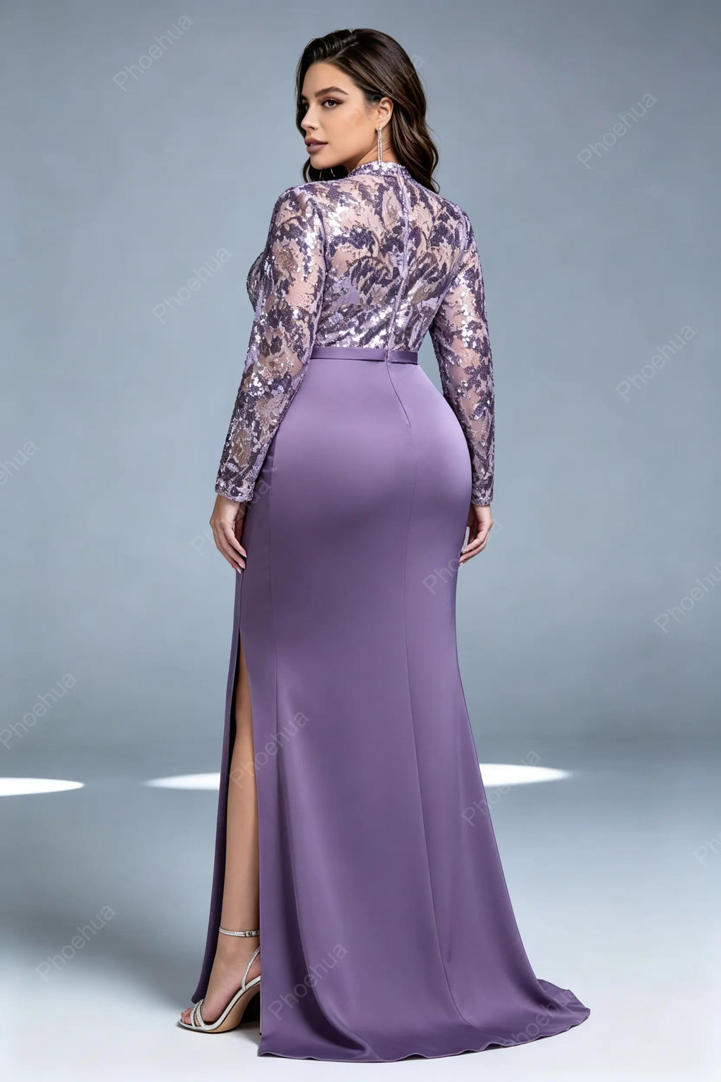 Plus Size High Neck Cutout Floral Sequin Long Sleeve Satin High Slit Mermaid Train Maxi Evening Gown