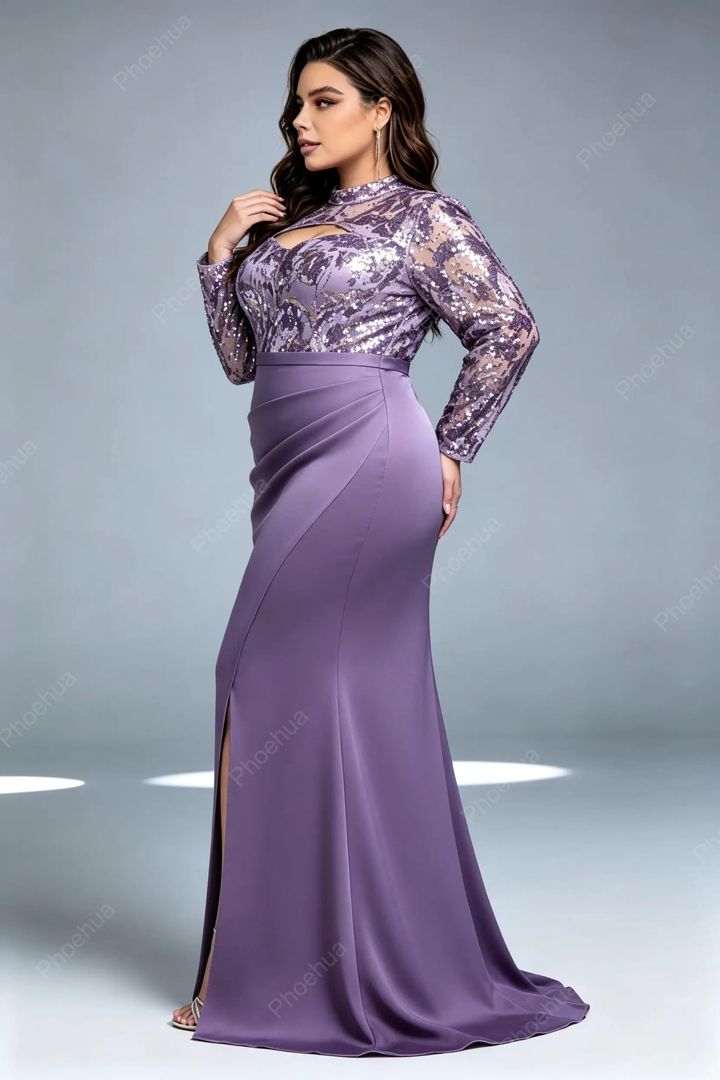 Plus Size High Neck Cutout Floral Sequin Long Sleeve Satin High Slit Mermaid Train Maxi Evening Gown