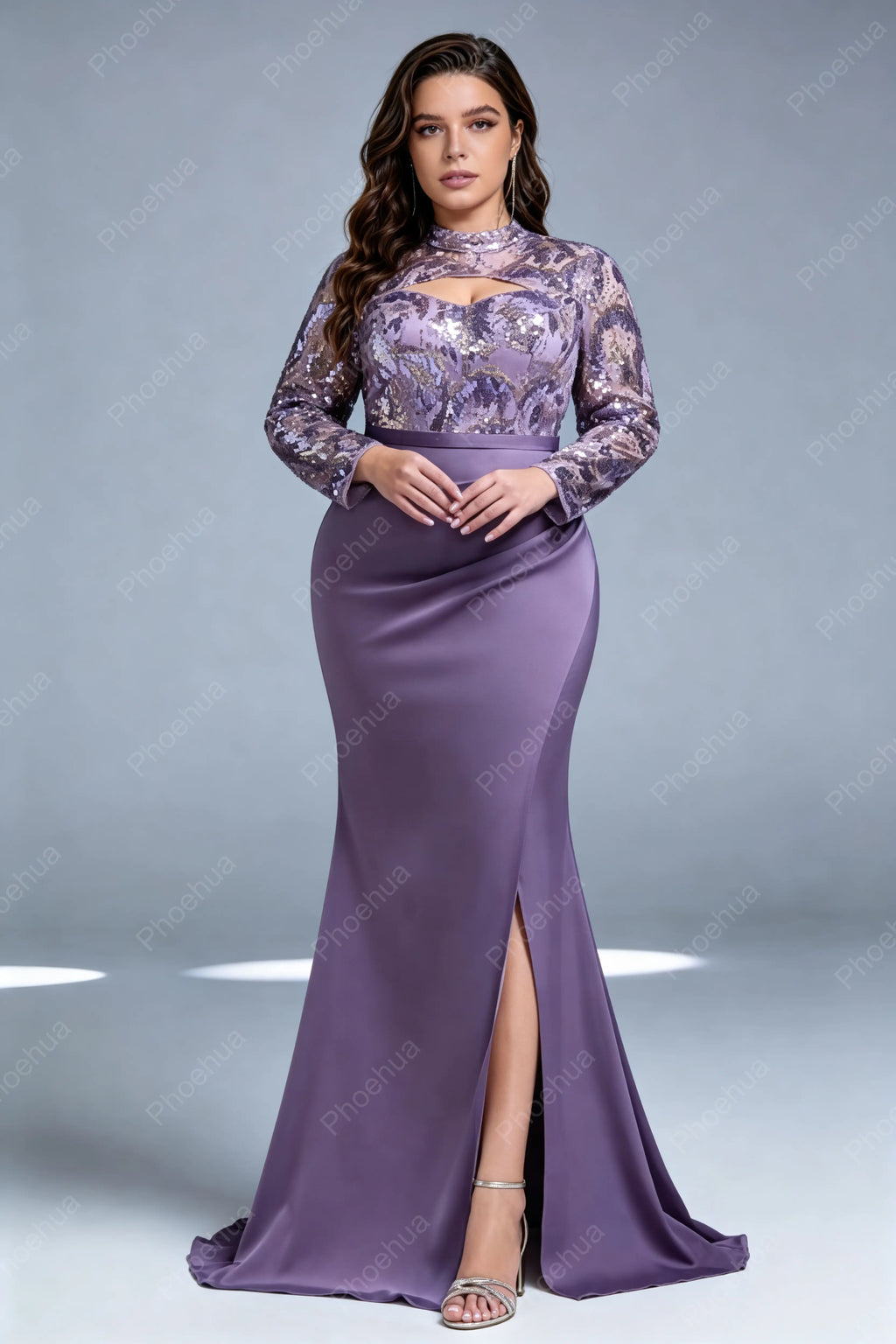 Plus Size High Neck Cutout Floral Sequin Long Sleeve Satin High Slit Mermaid Train Maxi Evening Gown