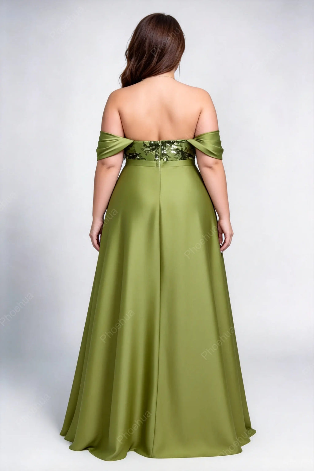 Plus Size Off The Shoulder Cross Ruched Sequin Bodice Satin A Line Maxi Bridesmaid Evening Gown