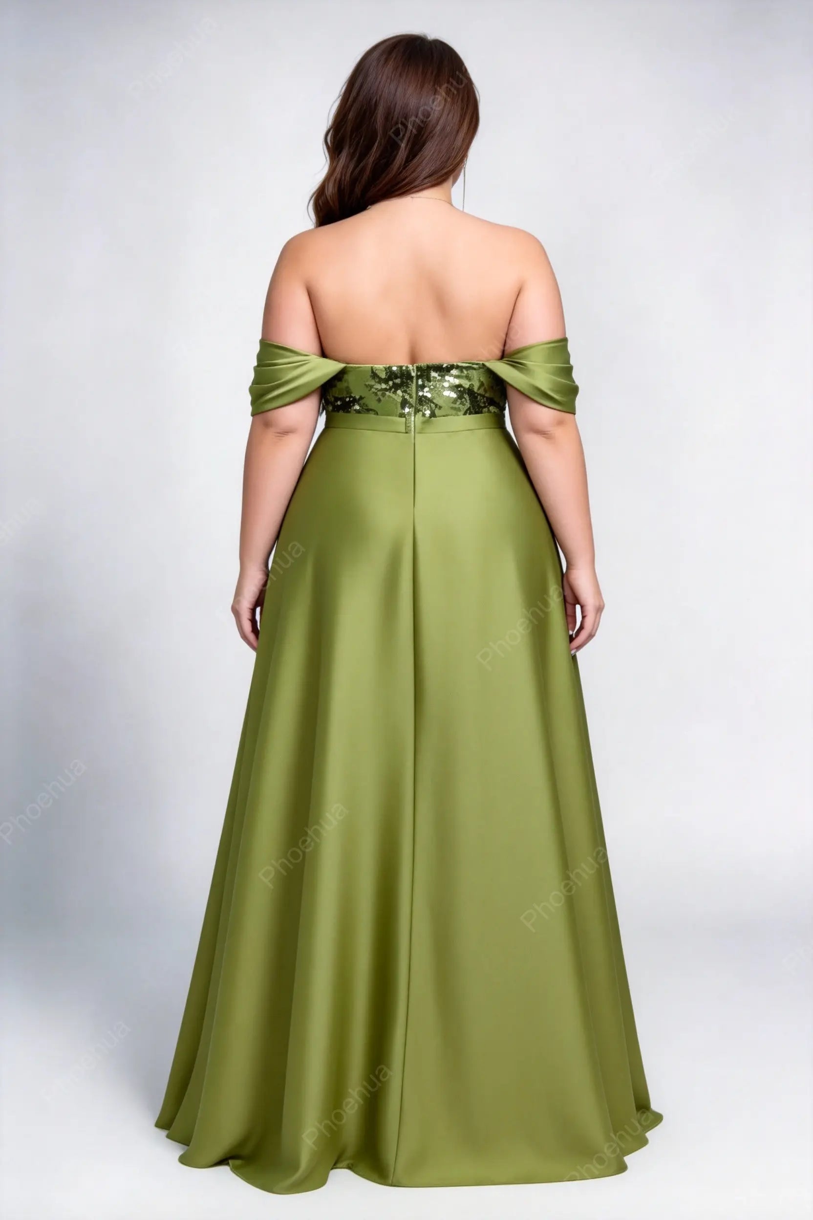 Plus Size Off The Shoulder Cross Ruched Sequin Bodice Satin A Line Maxi Bridesmaid Evening Gown