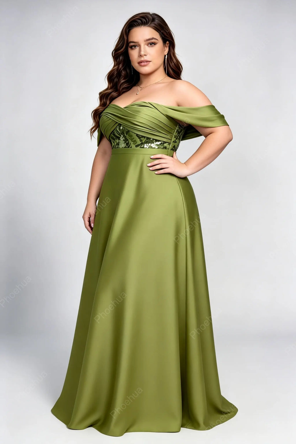 Plus Size Off The Shoulder Cross Ruched Sequin Bodice Satin A Line Maxi Bridesmaid Evening Gown