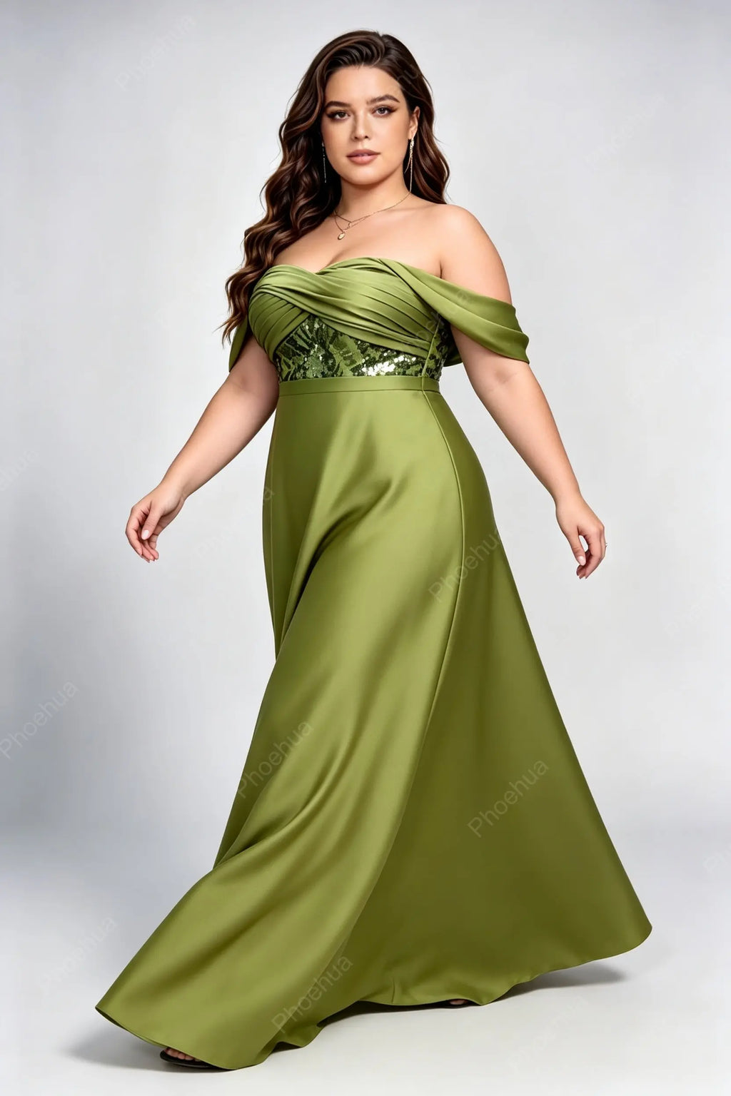 Plus Size Off The Shoulder Cross Ruched Sequin Bodice Satin A Line Maxi Bridesmaid Evening Gown