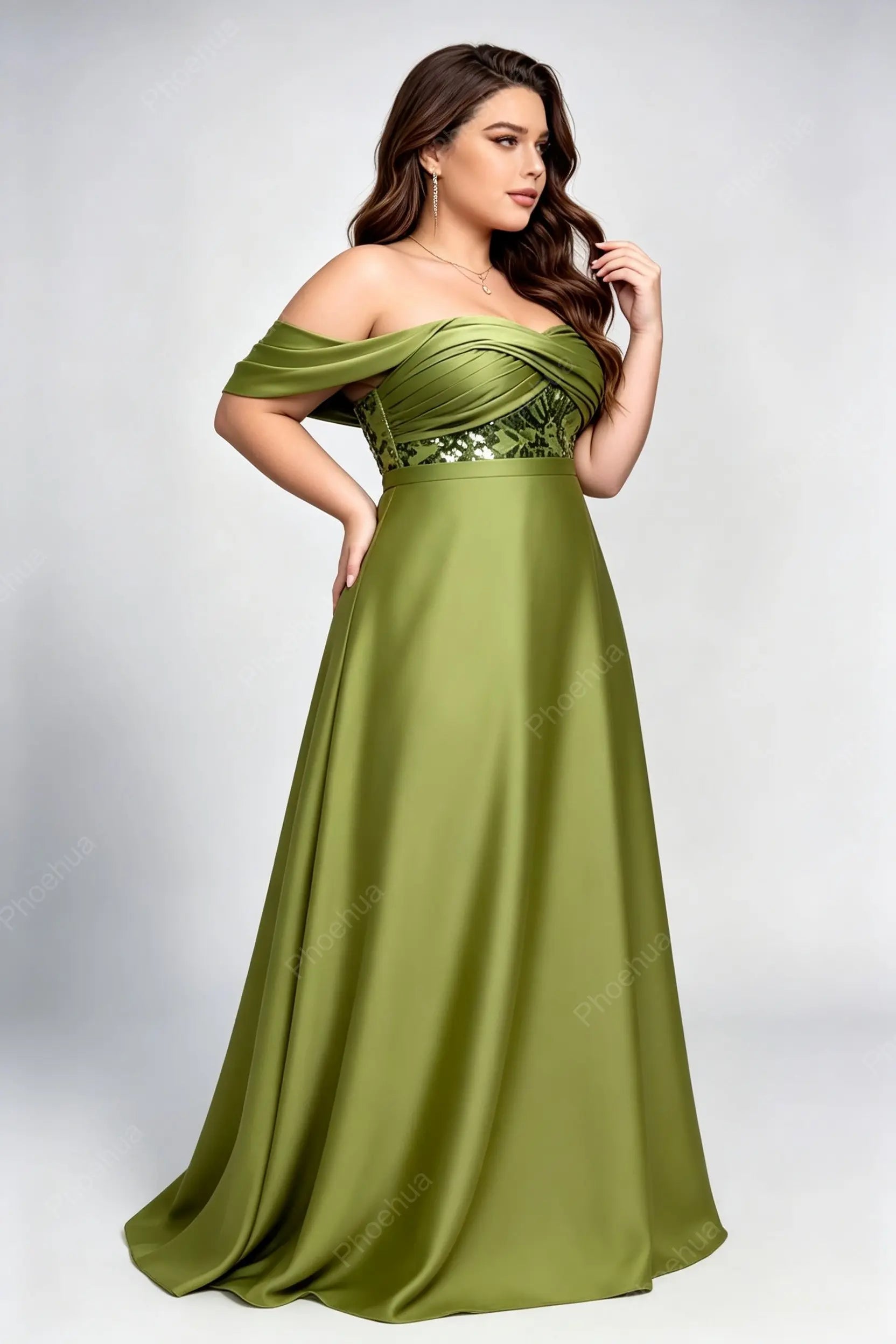 Plus Size Off The Shoulder Cross Ruched Sequin Bodice Satin A Line Maxi Bridesmaid Evening Gown
