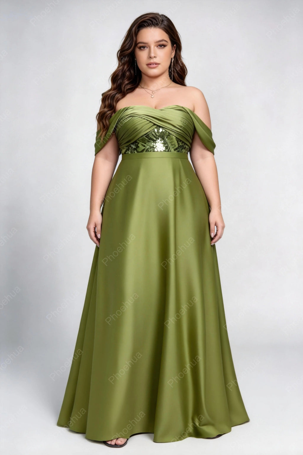 Plus Size Off The Shoulder Cross Ruched Sequin Bodice Satin A Line Maxi Bridesmaid Evening Gown