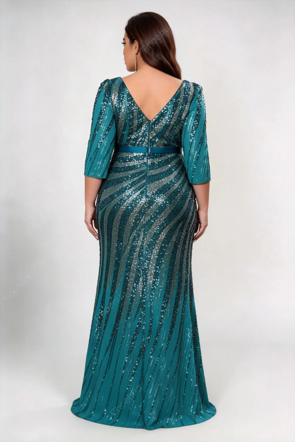 Plus Size Deep V Wrap Striped Sequin 3/4 Sleeve Satin Belt High Slit Mermaid Maxi Party Evening Gown
