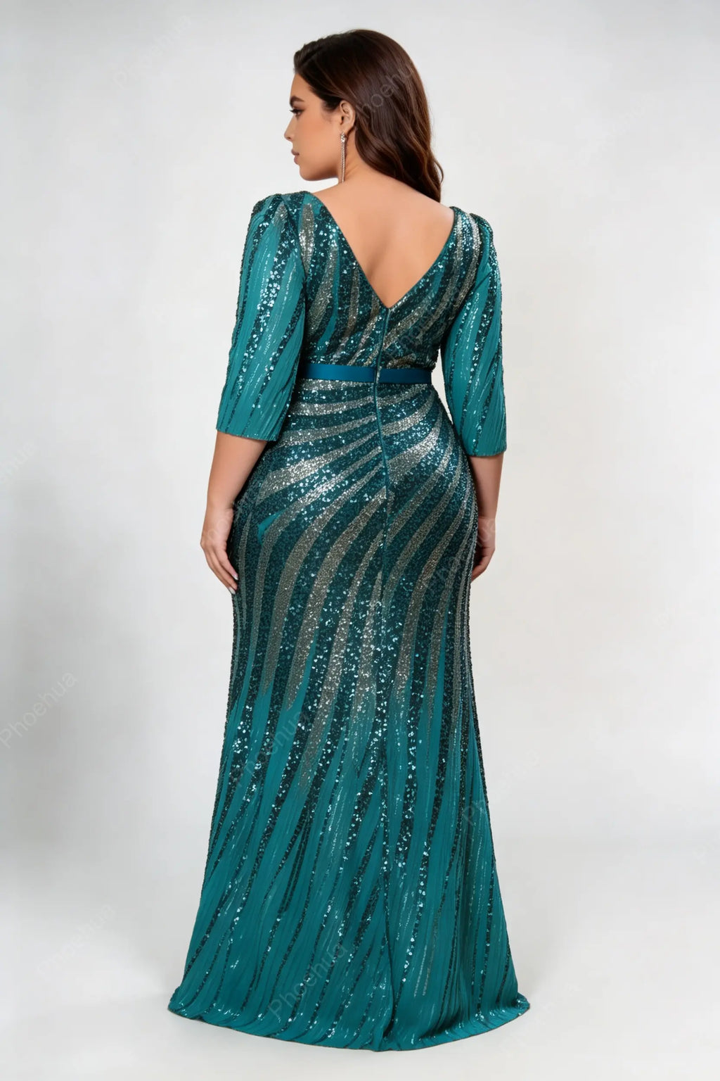 Plus Size Deep V Wrap Striped Sequin 3/4 Sleeve Satin Belt High Slit Mermaid Maxi Party Evening Gown