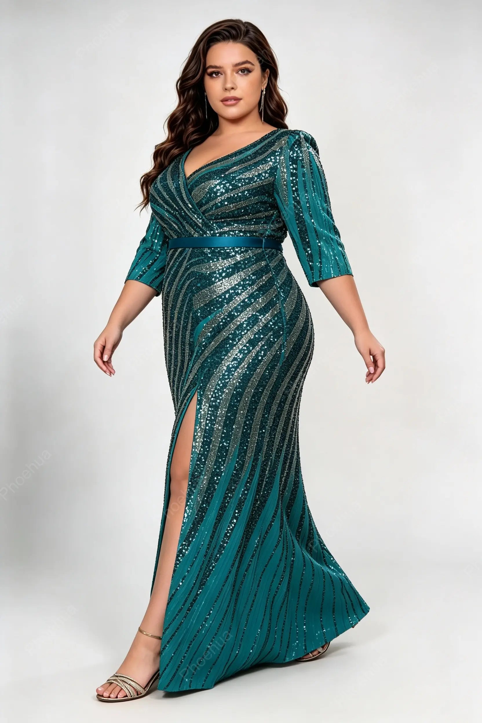 Plus Size Deep V Wrap Striped Sequin 3/4 Sleeve Satin Belt High Slit Mermaid Maxi Party Evening Gown