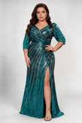 Plus Size Deep V Wrap Striped Sequin 3/4 Sleeve Satin Belt High Slit Mermaid Maxi Party Evening Gown