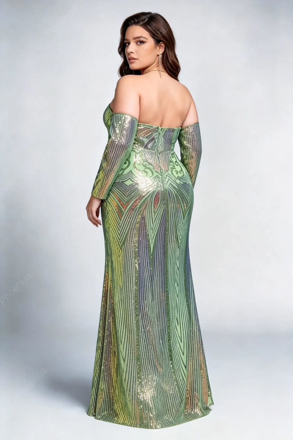 Plus Size Off The Shoulder Long Sleeve Art Deco Peacock Geometric Gradient Sequin Mermaid Maxi Evening Gown