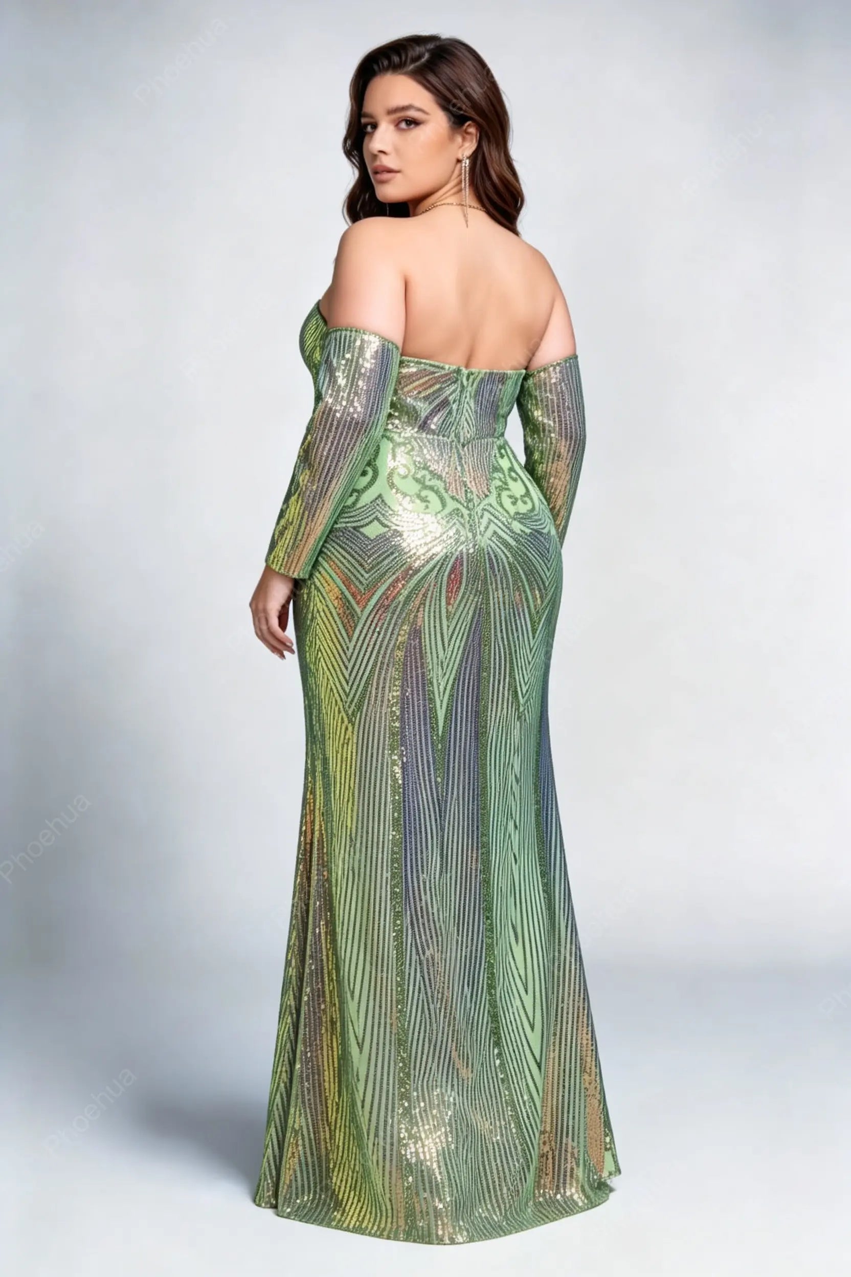 Plus Size Off The Shoulder Long Sleeve Art Deco Peacock Geometric Gradient Sequin Mermaid Maxi Evening Gown