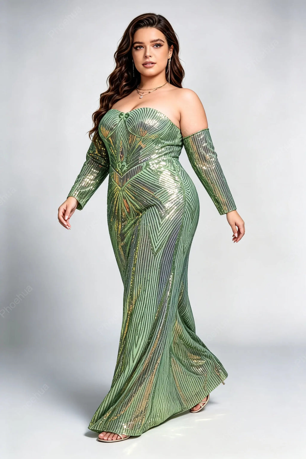 Plus Size Off The Shoulder Long Sleeve Art Deco Peacock Geometric Gradient Sequin Mermaid Maxi Evening Gown