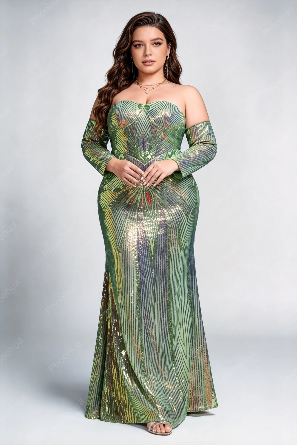 Plus Size Off The Shoulder Long Sleeve Art Deco Peacock Geometric Gradient Sequin Mermaid Maxi Evening Gown