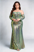 Plus Size Off The Shoulder Long Sleeve Art Deco Peacock Geometric Gradient Sequin Mermaid Maxi Evening Gown