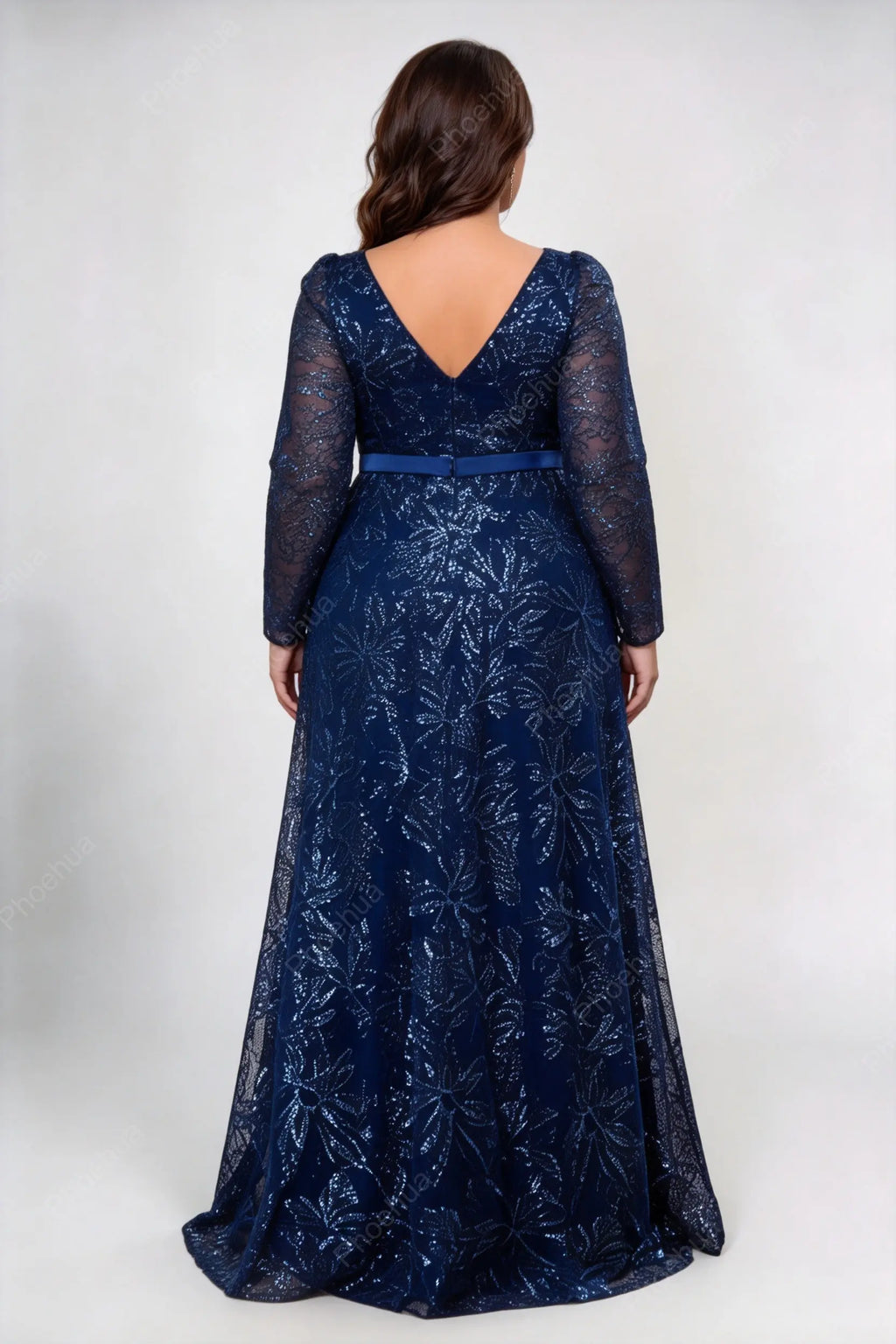 Plus Size Deep V Floral Sequin Mesh Long Sleeve Satin Belt A Line Maxi Evening Party Gown