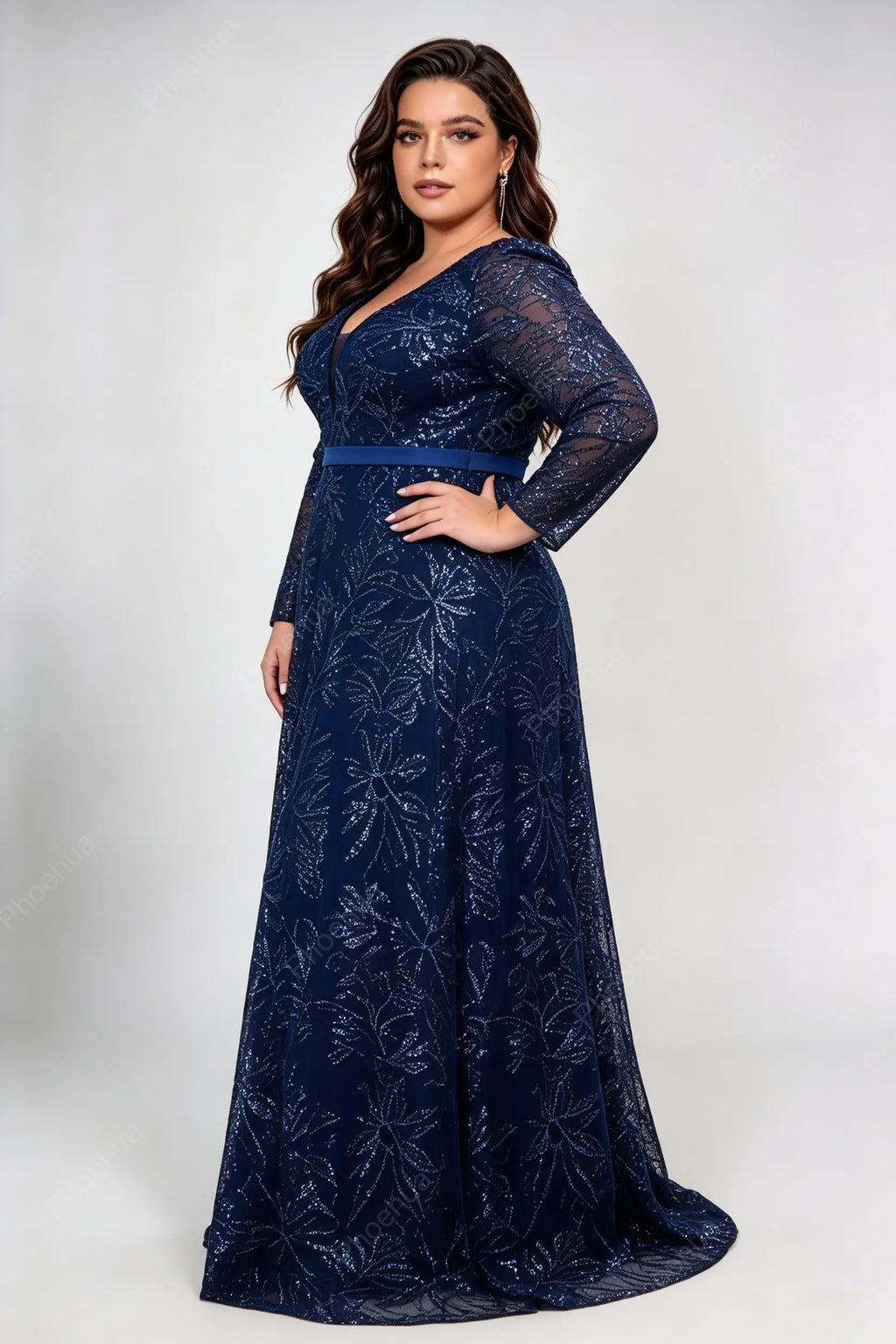 Plus Size Deep V Floral Sequin Mesh Long Sleeve Satin Belt A Line Maxi Evening Party Gown